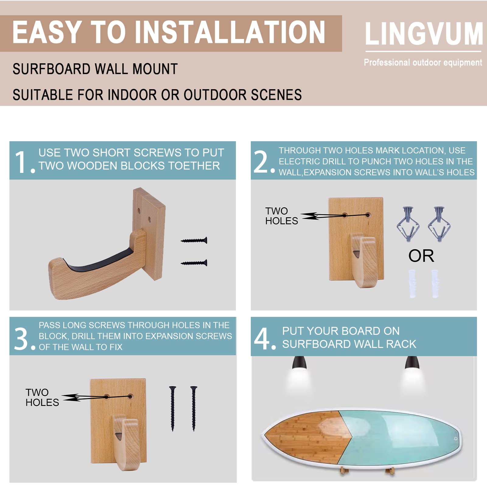 Premium Surfboard Wall Mount Racks - Heavy Duty Bamboo Surf Board Hangers for Longboards, Shortboards, Skateboards, Snowboards & Ski Boards | Indoor & Outdoor Use | Perfect for Garage, Beach House & Sports Equipment Storage
