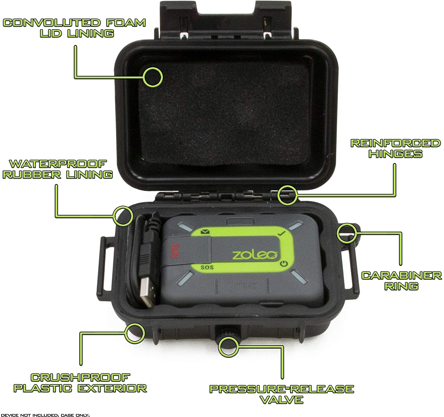 CASEMATIX Crushproof & Waterproof Hard Shell Travel Case for ZOLEO Satellite Communicator - Shockproof Protective Storage with Charging Cable & Carabiner - Perfect for Hiking, Camping & Outdoor Adventures
