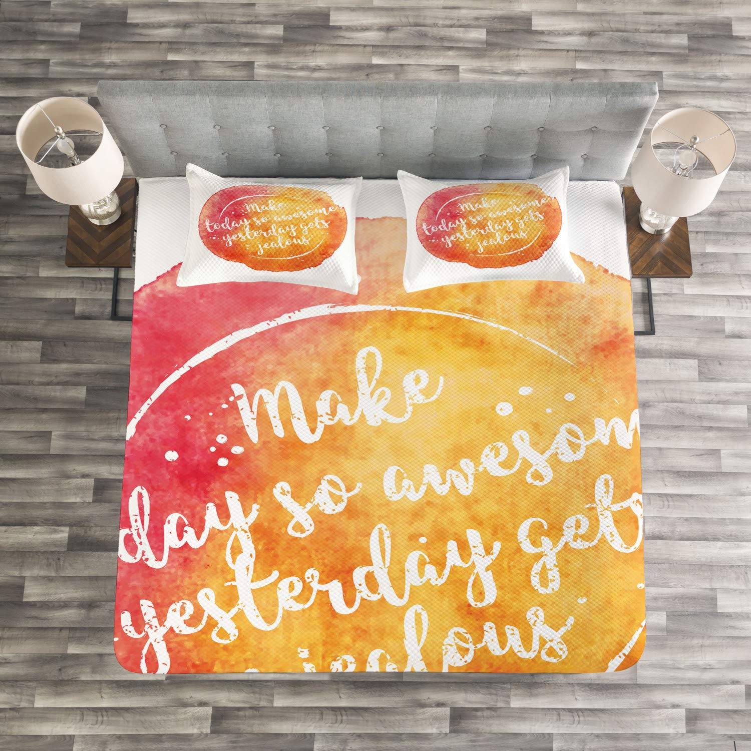 Ambesonne 3-Piece King Size Bedspread Set with 2 Pillow Shams - Grunge Style Happiness Quote on Vibrant Dark Coral Orange Yellow Background - Perfect for Modern Bedroom Decor & Guest Room Styling