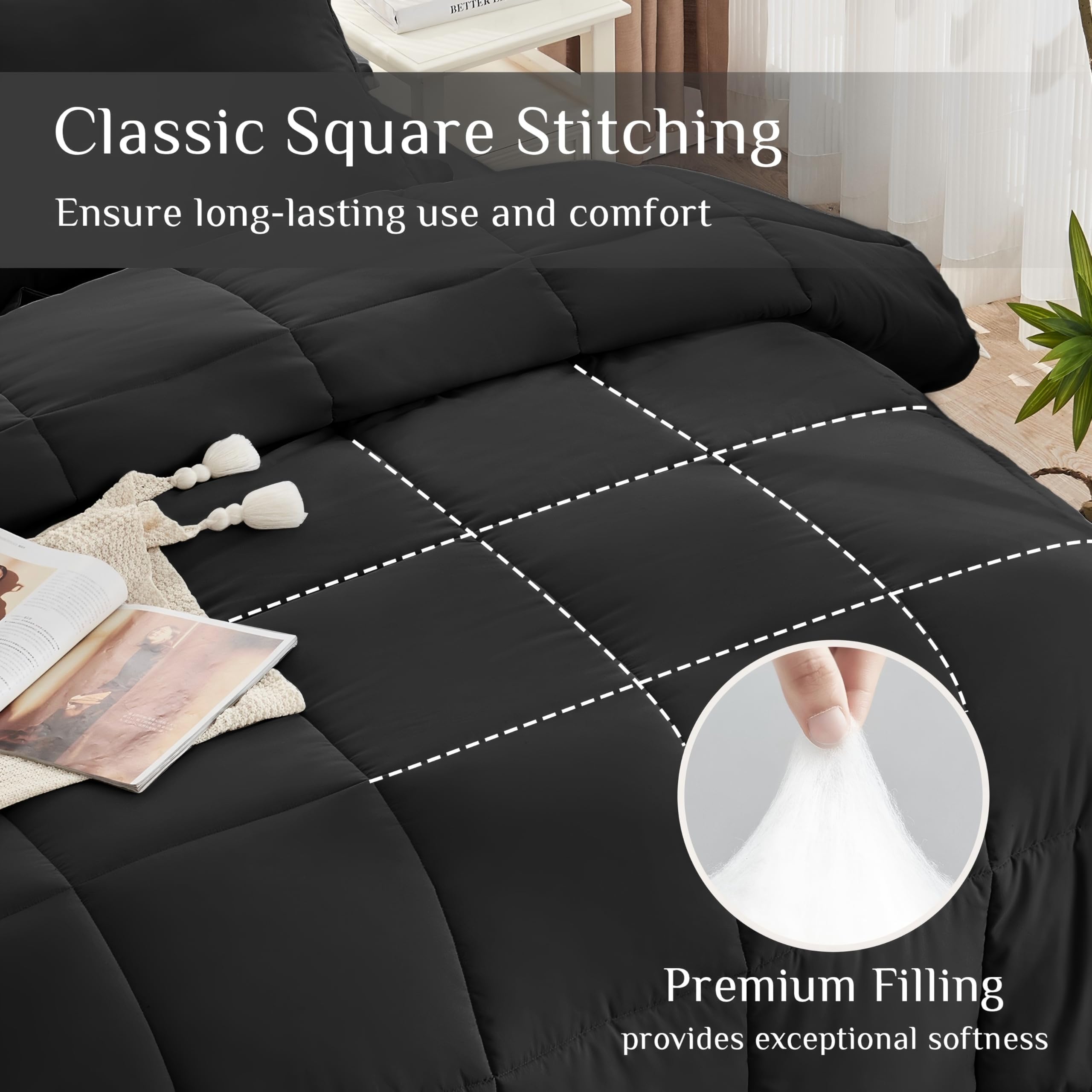 JOLLYVOGUE 7-Piece Queen Comforter Set - Ultra Soft Black Bed in a Bag | Goose Down Alternative | Premium 1800 Series with Comforter, Sheets, Shams & Pillowcases - Perfect for Master Bedroom, Guest Room & Cozy Home Decor