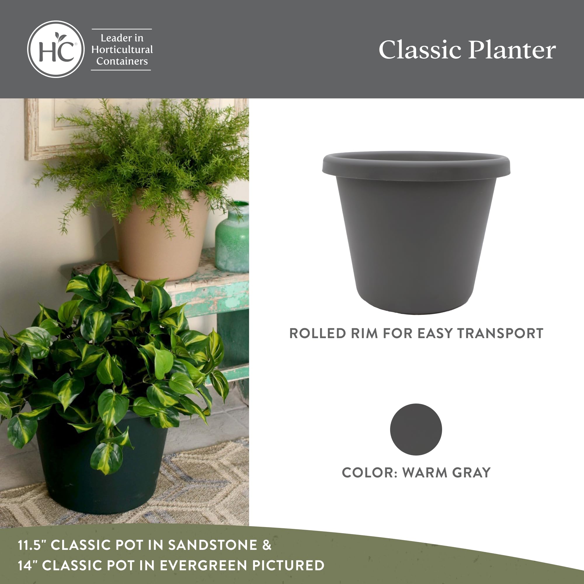 11.5 Inch Round Classic Plastic Planter Pot - Indoor & Outdoor Planters for Flowers, Herbs, Succulents - Warm Gray - Perfect for Home Decor, Garden, Patio, and Balcony