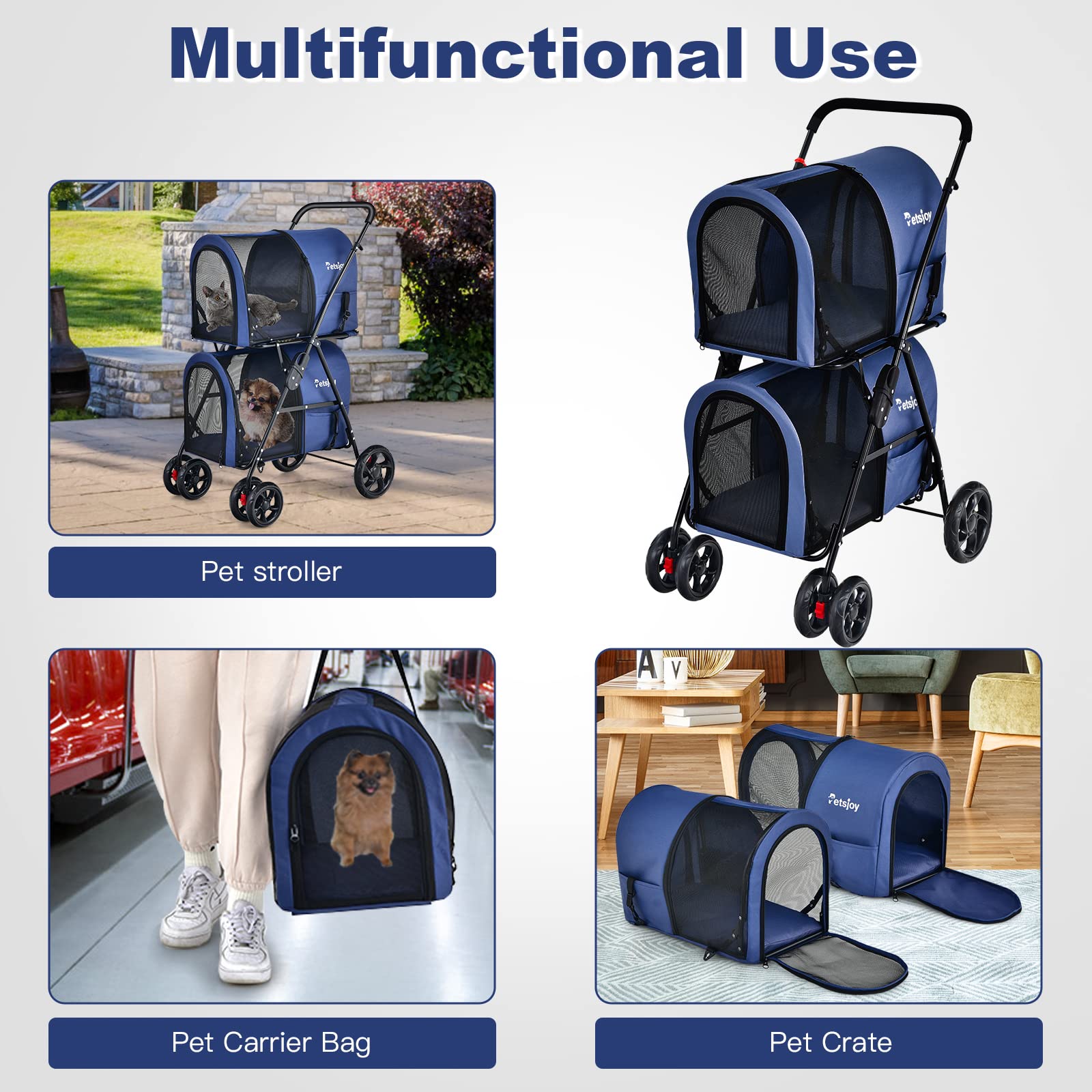 Foldable Double Dog Stroller for 2 Small to Medium Pets - Detachable Carrier & Wheels - Jogger Pet Crate for Car, Walking, Camping & Travel - Blue | Perfect for Outdoor Adventures & Vet Visits