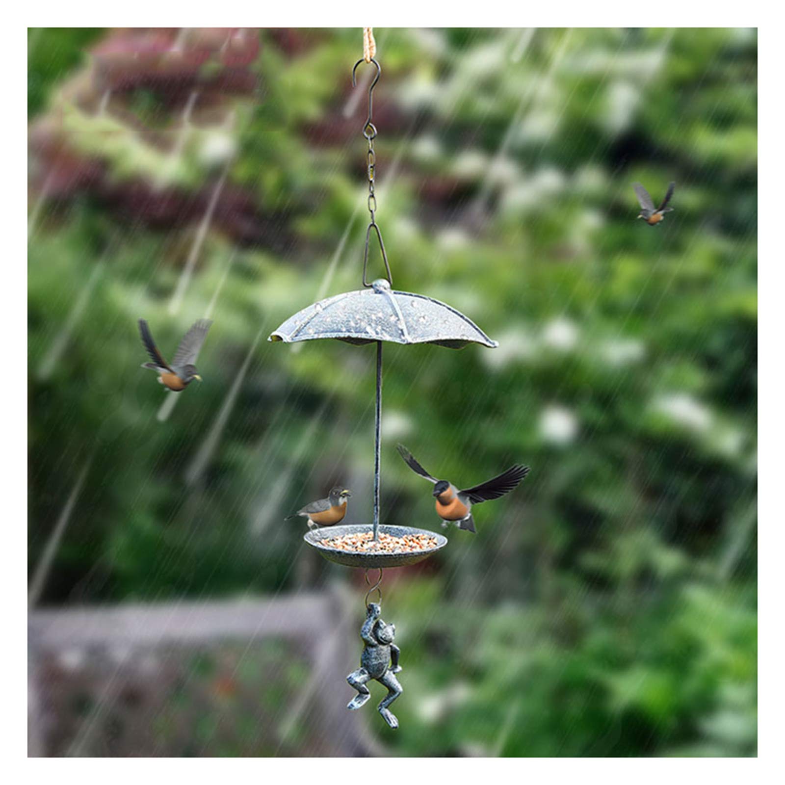 Vintage Green Heavy Duty Cast Iron Hanging Bird Feeder & Bath - Outdoor Garden Decor with Frog Statue for Backyard, Patio, and Bird Watching Enthusiasts