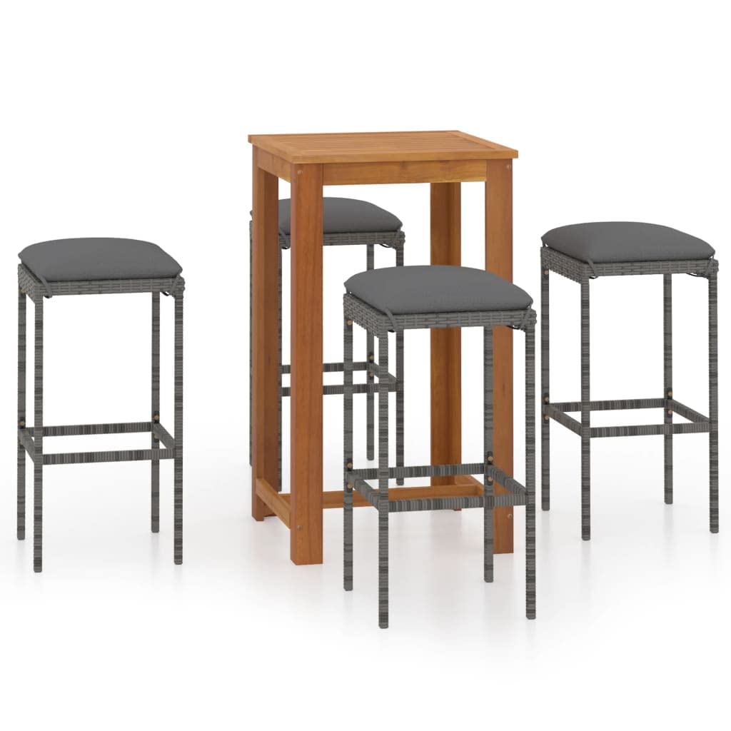 5-Piece Patio Bar Set - All-Weather Outdoor Wicker Bistro Furniture with Solid Wood Bar Table & 4 Cushioned Stools - Gray Outdoor Conversation Set for Poolside, Garden, Backyard, Porch, Deck & Patio Dining