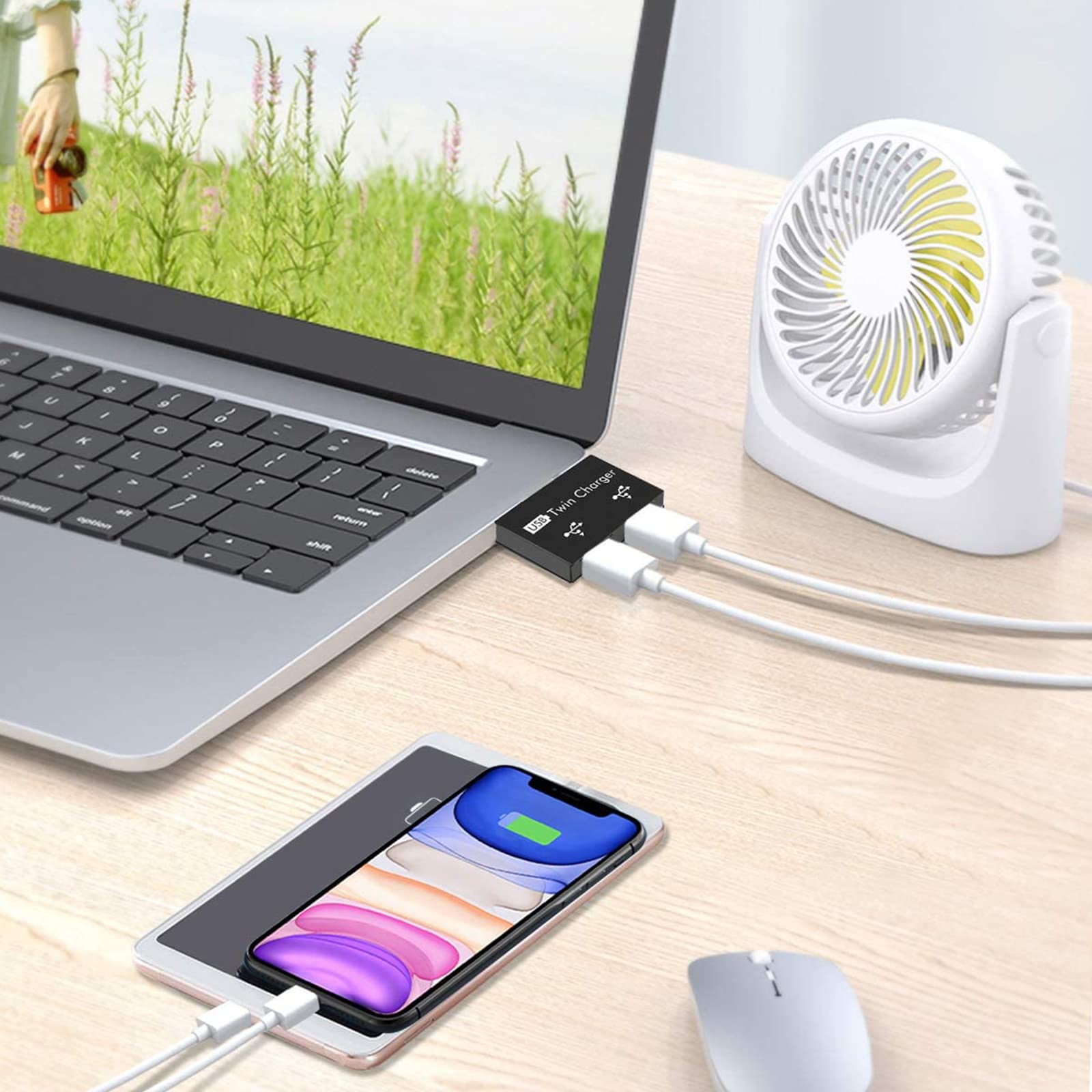 2-Port USB Hub Splitter - Mini USB Charging Adapter for Surface Pro, MacBook, Laptop, PC | Fast Data Transfer & Dual Charging | Perfect for Office, Travel & Home Use (White)