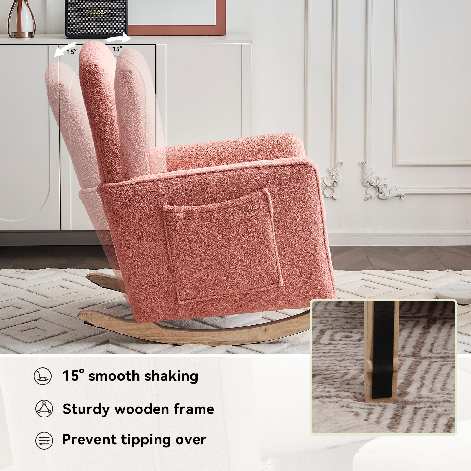 FOXHUNTER Adjustable Nursery Rocking Chair with High Backrest & Footrest - Glider Chair with Side Pockets for Baby Room - Soft Upholstered Rocking Chair for Living Room, Bedroom (Teddy Pink) - Perfect for Nursing, Reading & Relaxing