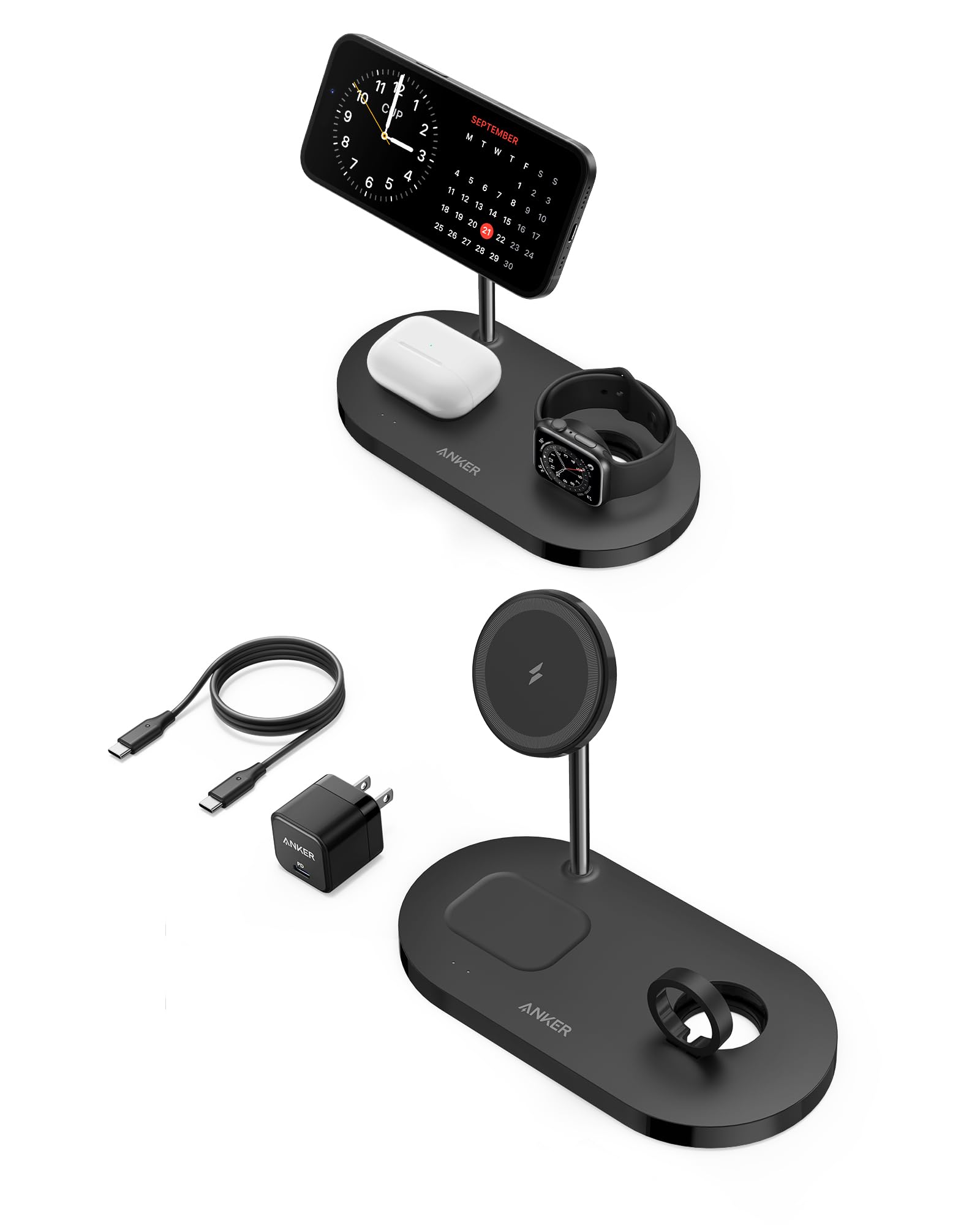 Anker 3-in-1 Magnetic Wireless Charging Station with 20W Fast Charger & 5ft USB-C Cable - Compatible with iPhone 14/13/12 Series, AirPods Pro/3/2, Apple Watch 1-6 (Watch Cable Not Included) - Perfect for Home, Office, and Travel Charging