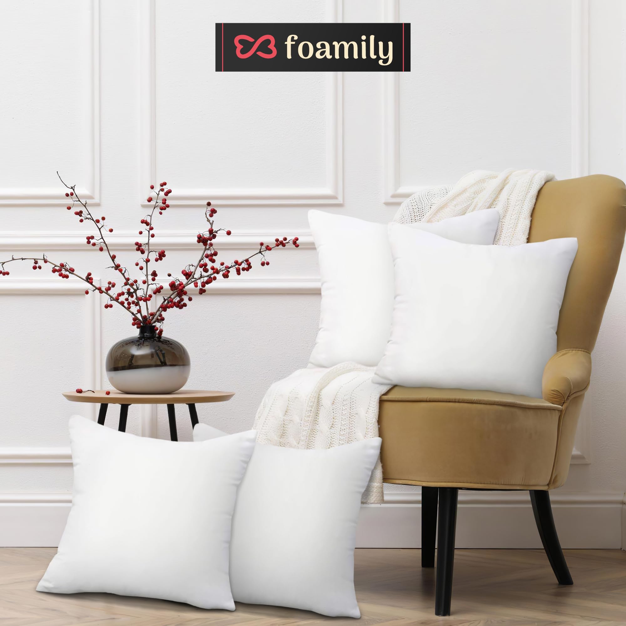 Foamily 18x18 Inch Hypoallergenic Throw Pillow Inserts (Set of 4) - 100% Virgin Fiber Made in USA for Sofa, Bed & Couch - Soft Decorative Indoor Pillows for Living Room, Bedroom & Home Decor