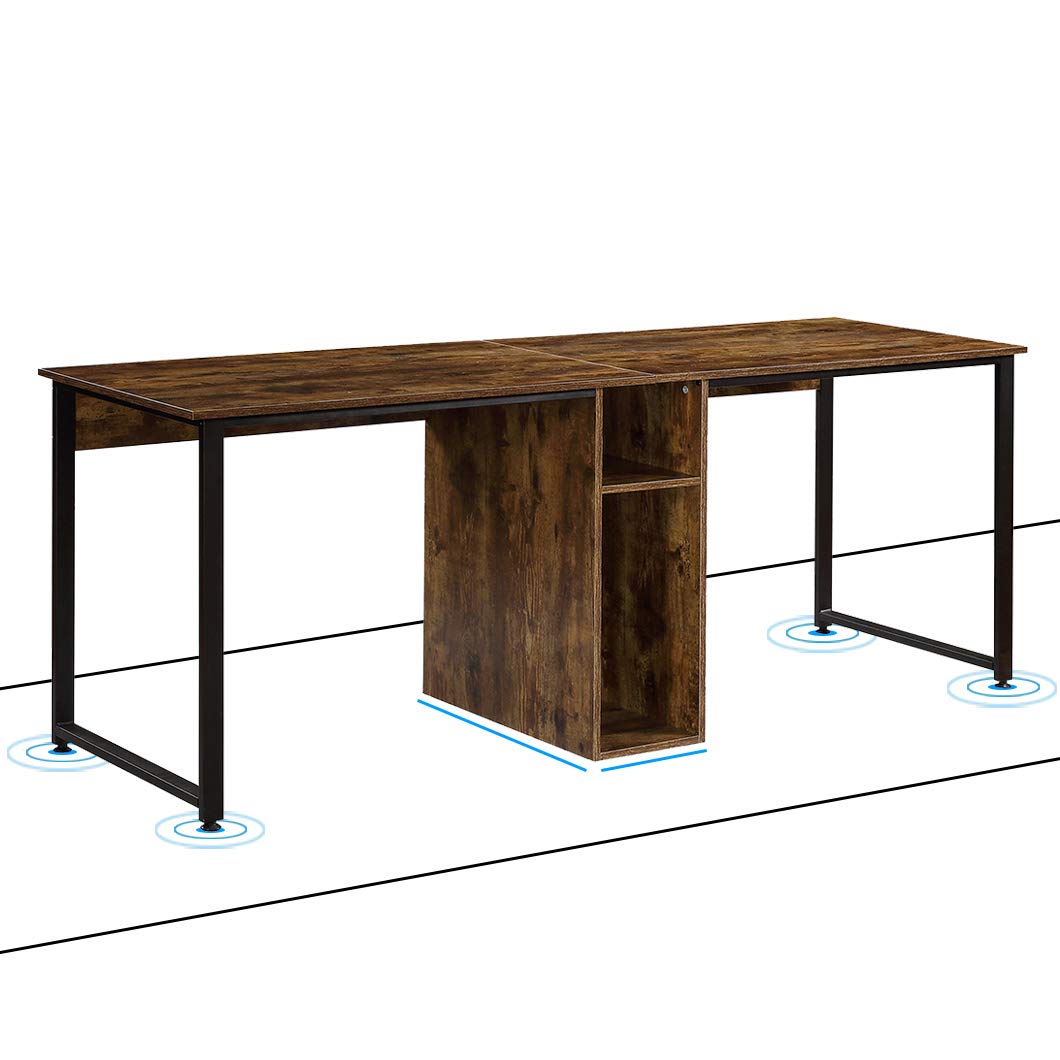 2 Person Desk, Large Home Office Computer Desk with Storage Shelf, Solid Wood Desktop & Sturdy Metal Frame, Double Workstation Writing Desk for Home Office, Study Room or Shared Workspace