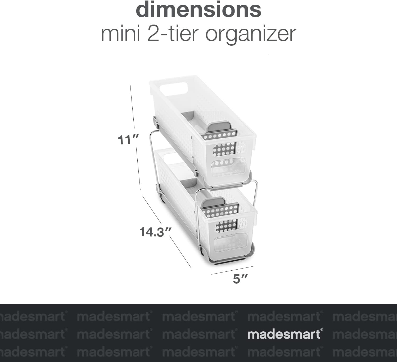 Madesmart 2-Tier Plastic Mini Multipurpose Organizer with Divided Slide-Out Bins - Compact Under Sink & Cabinet Storage Rack, Frosted White - Perfect for Bathroom, Kitchen, Office & Closet Organization
