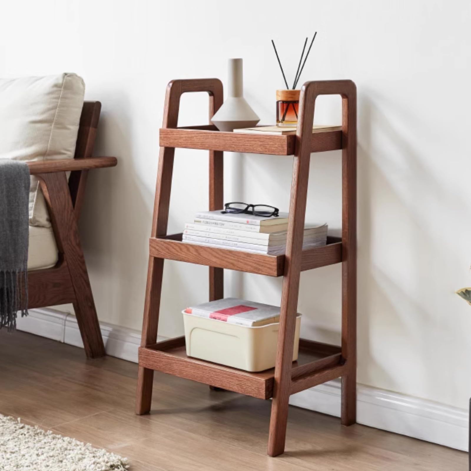 3-Tier Ladder Shelf - Solid Oak Wood Bookshelf with Storage | Compact Side Table for Living Room, Bedroom, Kitchen & Bathroom | Space-Saving Organizer for Books, Plants & Decor (Walnut Finish)