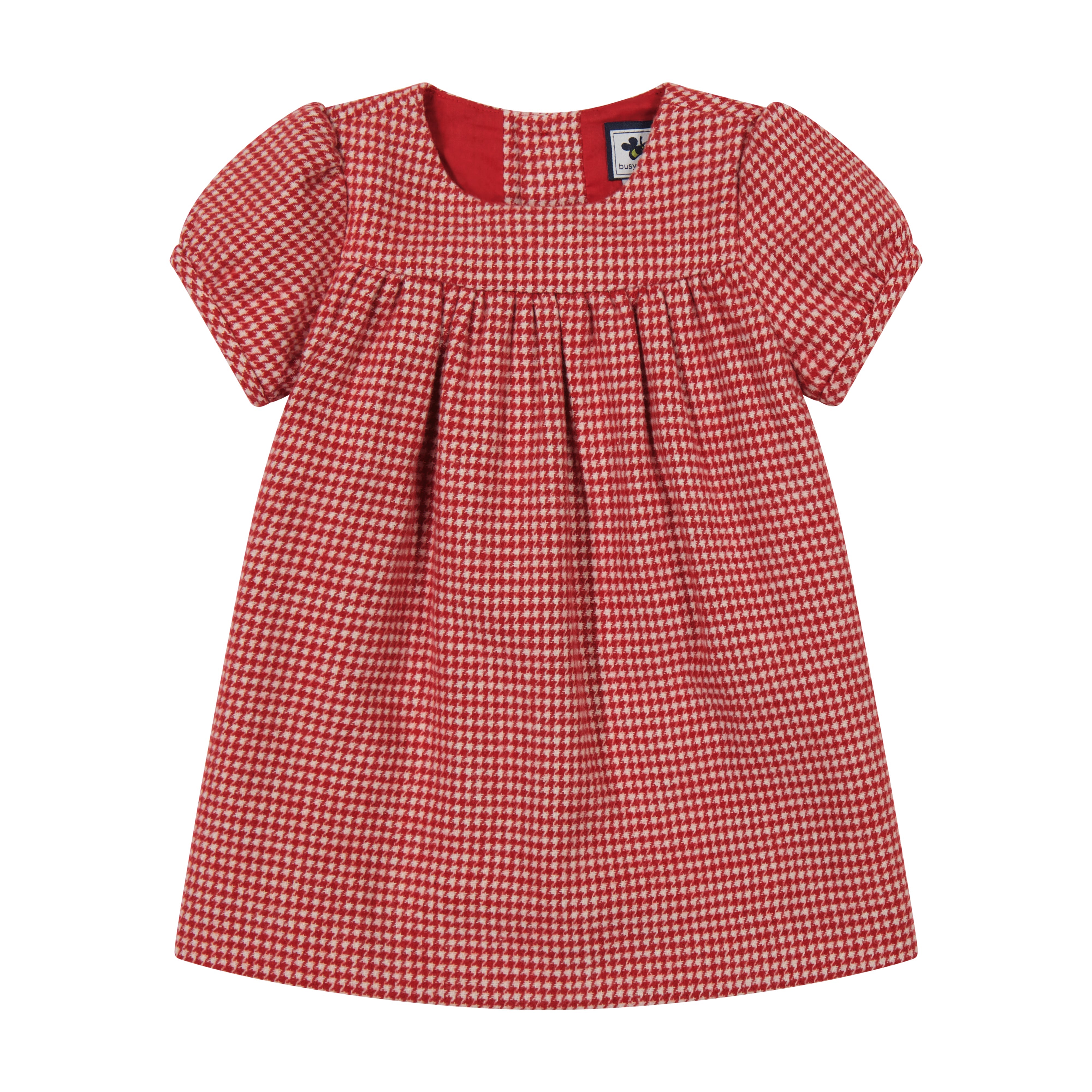 Matilda Girls Puff Sleeve Dress - Red Houndstooth Check Pattern Party Dress for Birthday, Holiday & Special Occasions