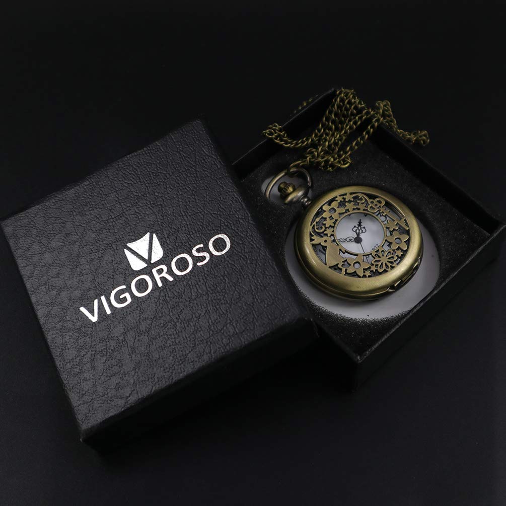 VIGOROSO Vintage Steampunk Pocket Watch - Alice Rabbit Flower Design, Retro Mechanical Watch with Black Gift Box | Perfect for Collectors, Cosplay, and Unique Gifts