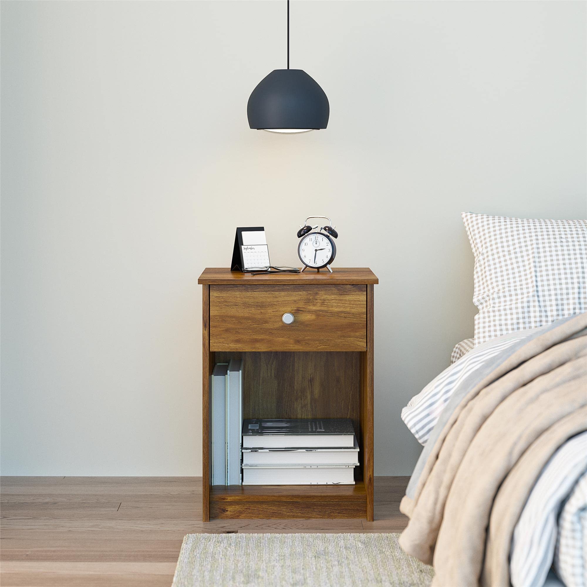 Ameriwood Home Ellwyn Nightstand with Drawer - Brown Oak Finish Bedside Table for Bedroom, Living Room, or Office Storage