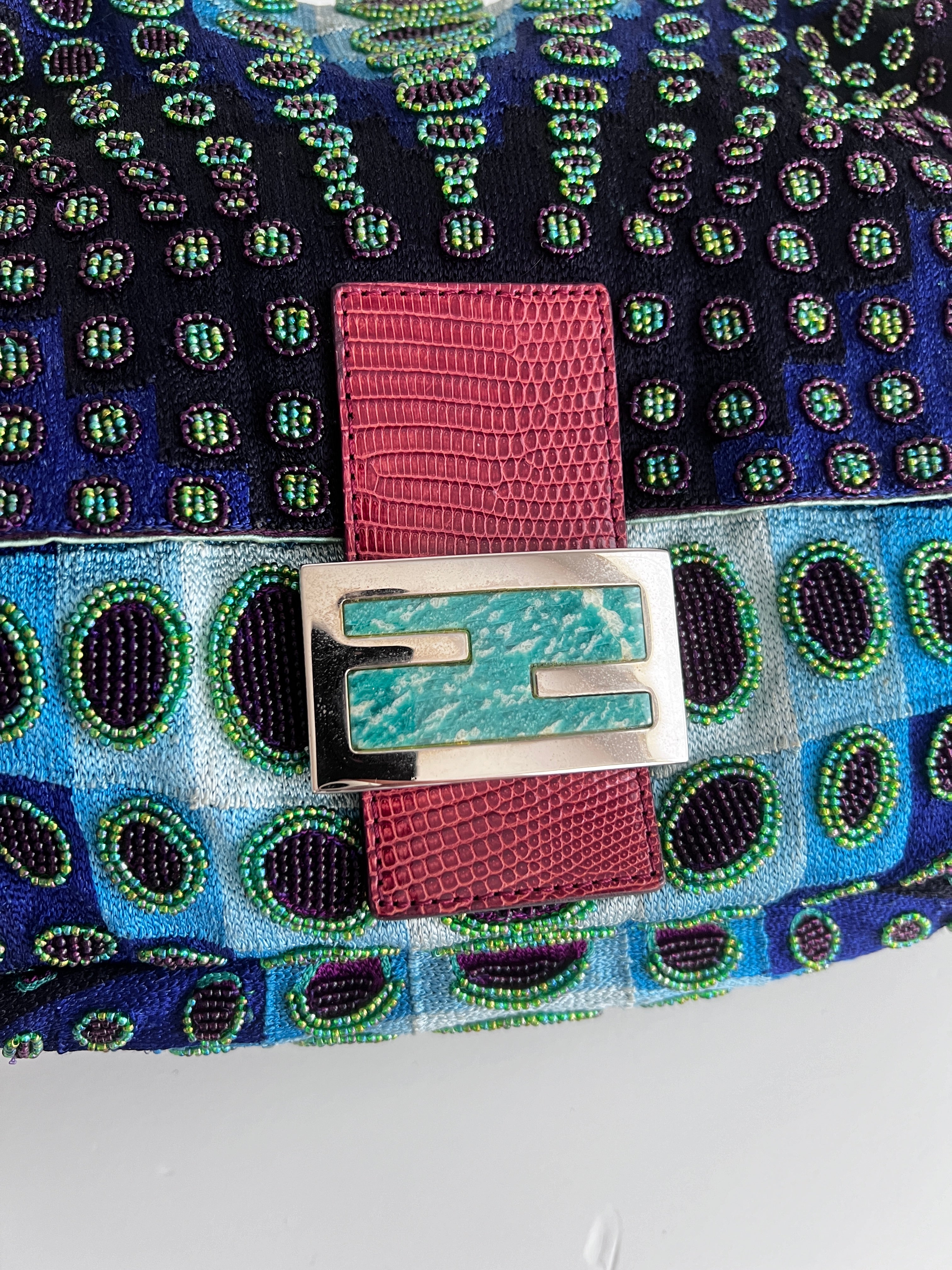Fendi Mamma Size Deep Ocean Beaded Baguette Bag - Luxury Designer Crossbody Purse for Women, Perfect for Evening Parties & Special Occasions