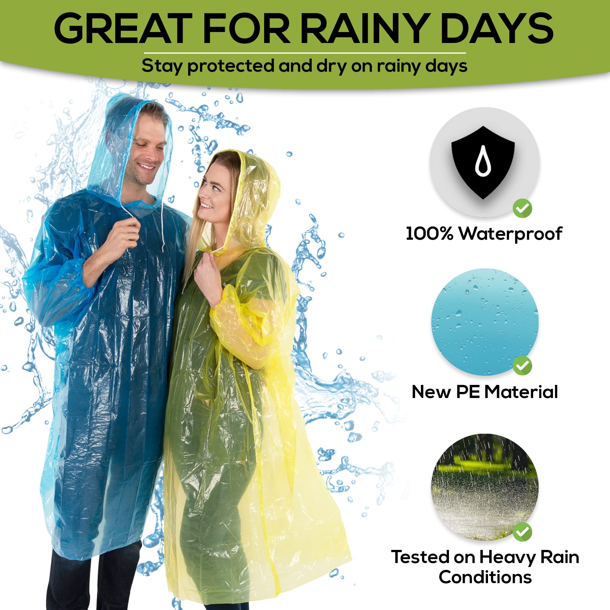 Disposable Rain Ponchos Bulk Pack - Waterproof Emergency Raincoat for Adults with Hood & Drawstrings - Multi Colors for Hiking, Camping, Outdoor Events