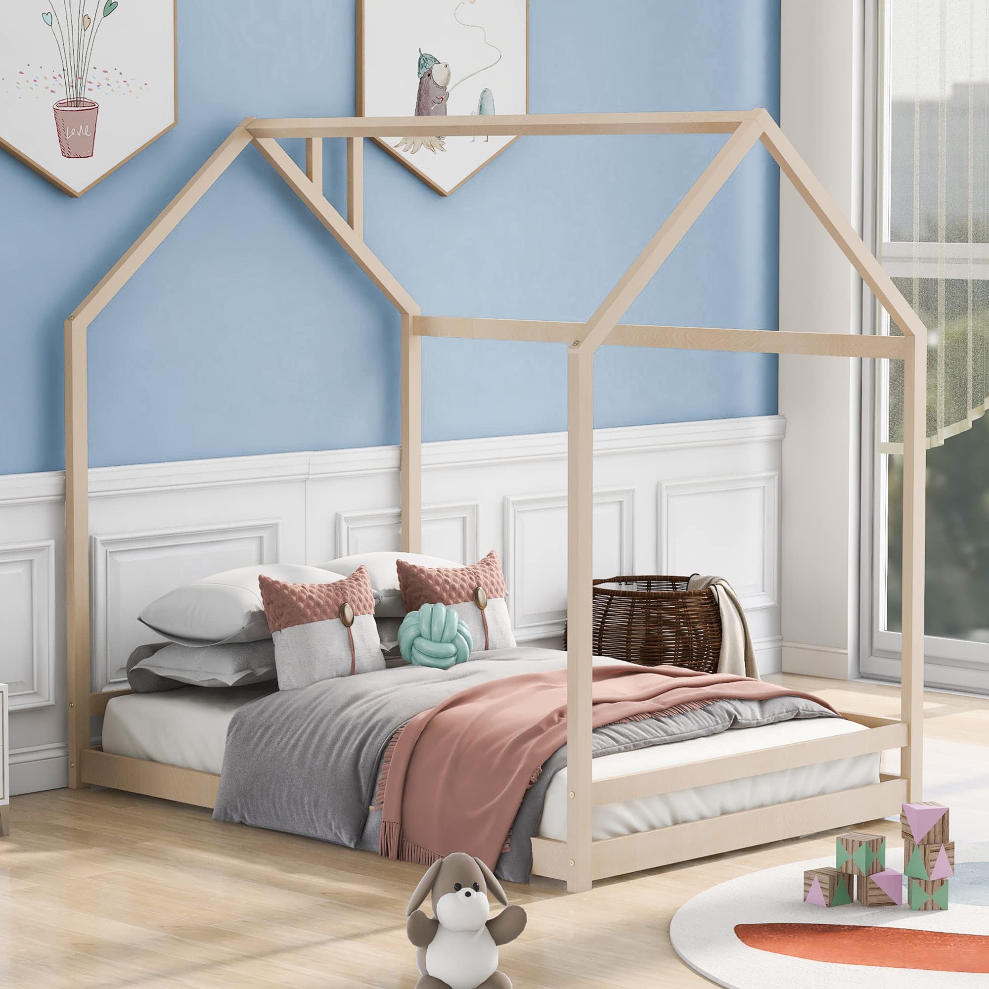 P PURLOVE Full Size Wooden House Bed Frame - Natural Wood House Shape Floor Bed for Teens & Adults, No Box Spring Needed - Perfect for Bedroom, Dorm, Nursery & Kids Playroom Decor