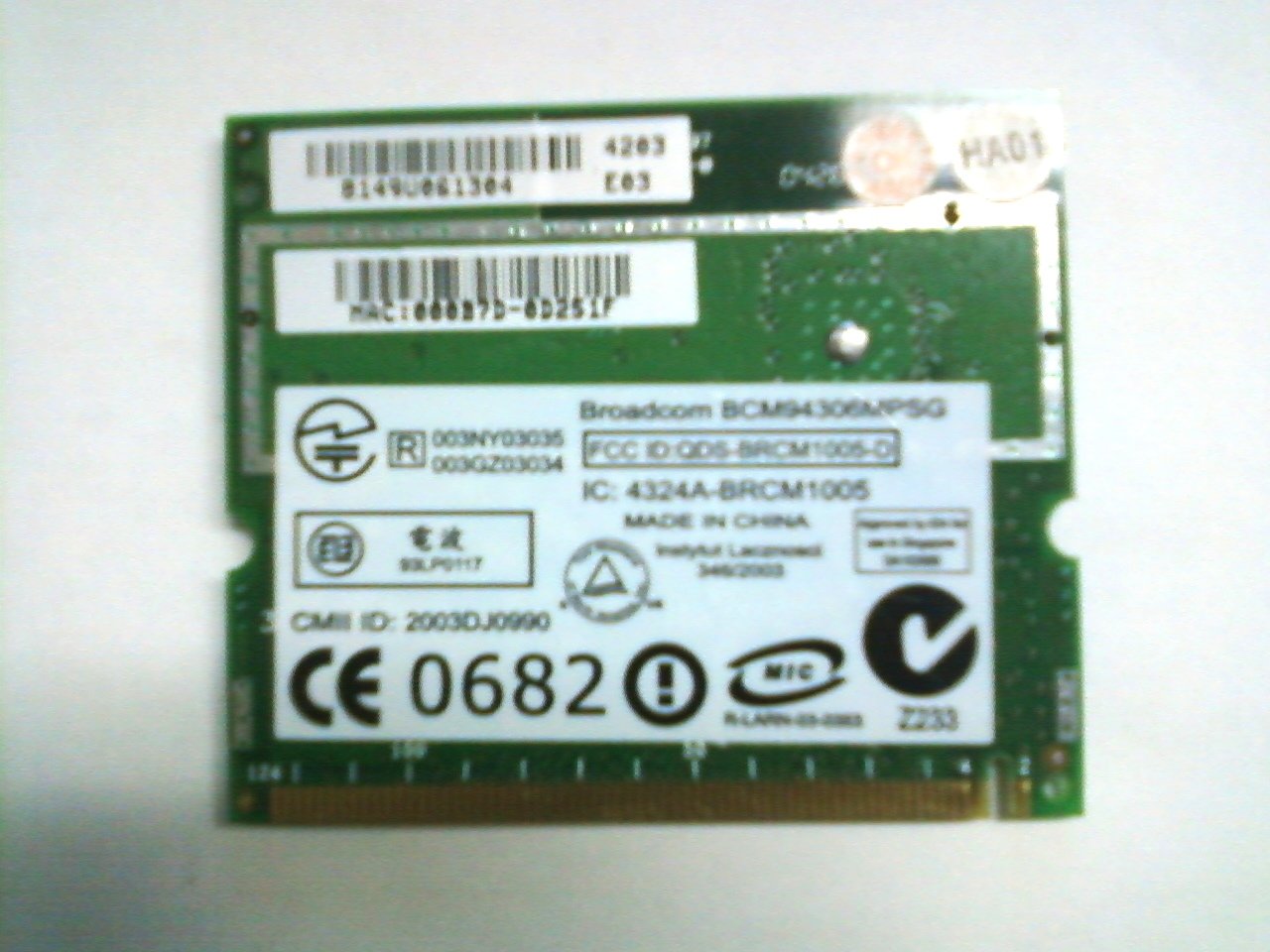 Original Title: Broadcom BCM94306MPSG Laptop WiFi Card   Optimized Title: **Broadcom BCM94306MPSG Wireless WiFi Card for Laptops - High-Speed Dual-Band 802.11a/b/g/n - Ideal for Gaming, Streaming & Remote Work**