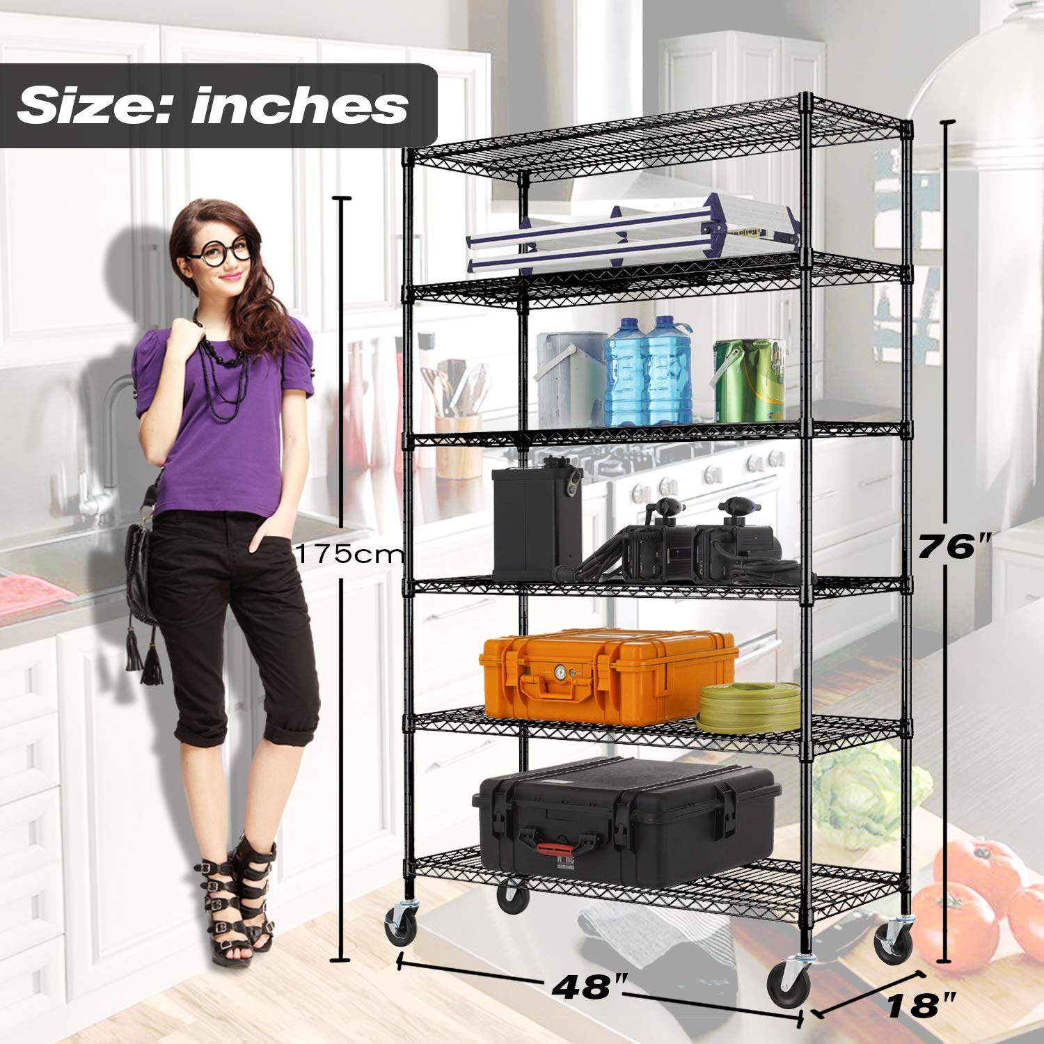 HCB 6-Tier Heavy Duty Wire Shelving Unit 76x48x18 Inches - Adjustable Metal Steel Storage Rack with Wheels for Restaurant, Garage, Pantry & Kitchen Organization (Black) - Perfect for Commercial Kitchens, Warehouse Storage & Home Organization