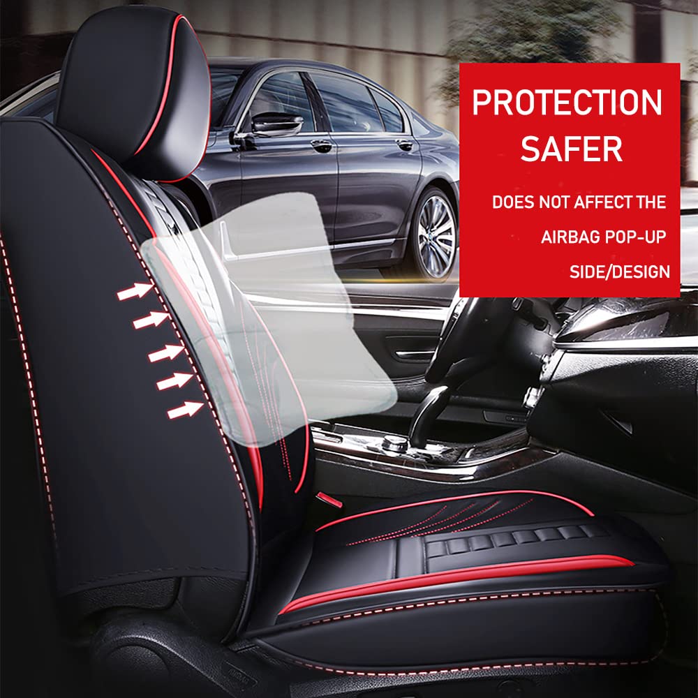 Universal Fit PU Leather Car Seat Covers Full Set - Compatible with 2016 Chevy Cruze Limited, Includes Headrest & Back Pillow (Black & Red Stitching) - Durable Protection & Style Upgrade for Daily Commute, Road Trips & Car Interior Customization