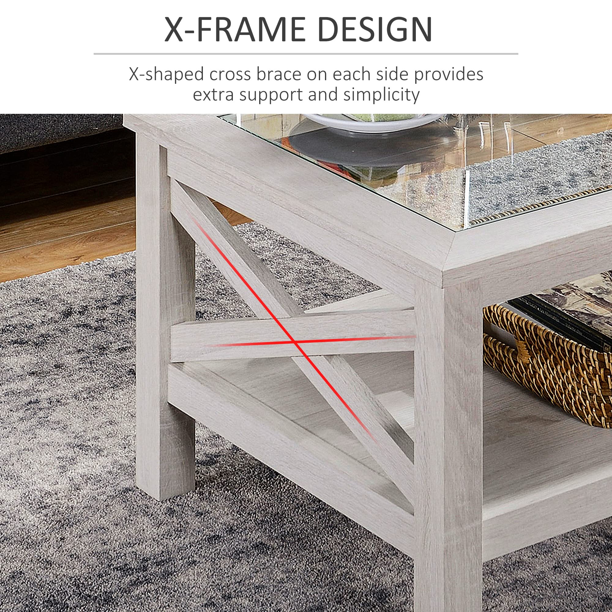 Farmhouse Style Coffee Table with Wood Frame & Tempered Glass Top - 39.25