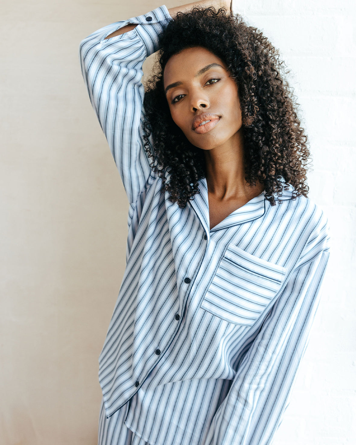 Organic Cotton Sateen Striped Long Sleeve Pajama Set for Women - Soft & Breathable Sleepwear - Blue - Perfect for Relaxing at Home & Cozy Nights