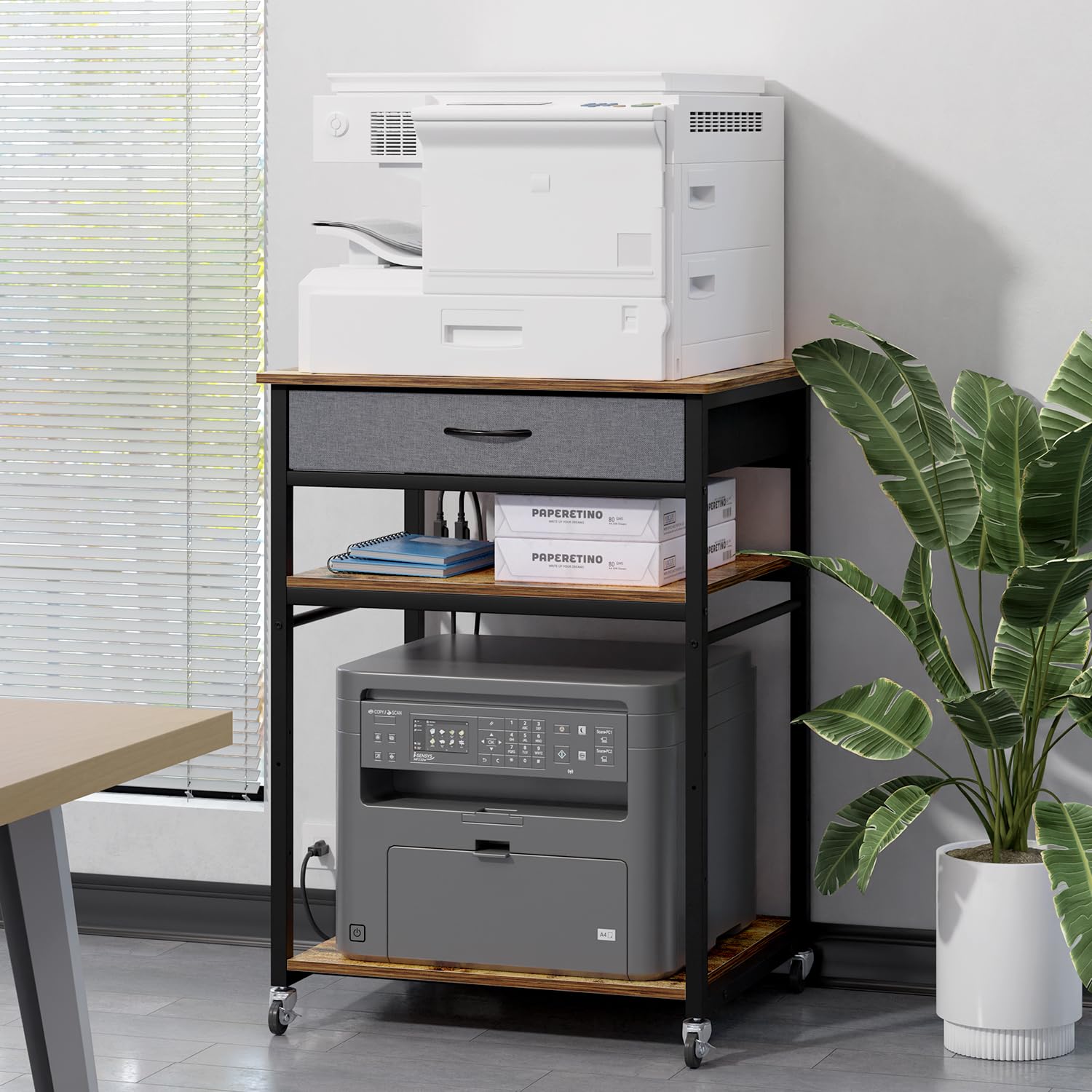 3-Tier Adjustable Printer Stand with Drawers, Wheels & Power Outlets - Large Rolling Printer Cart with USB Ports & Storage Shelf for Home Office Organization - Perfect for Laser/Inkjet Printers, Scanners & Office Equipment (Brown)