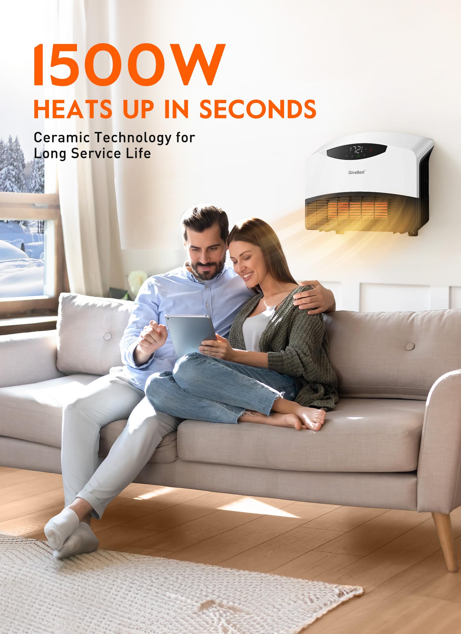 GiveBest 1500W WiFi Electric Wall Heater with Remote Control - Floor or Wall Mounted Space Heater with Thermostat, 3 Heating Modes for Large Rooms - Perfect for Bedroom, Living Room, Office & Indoor Use