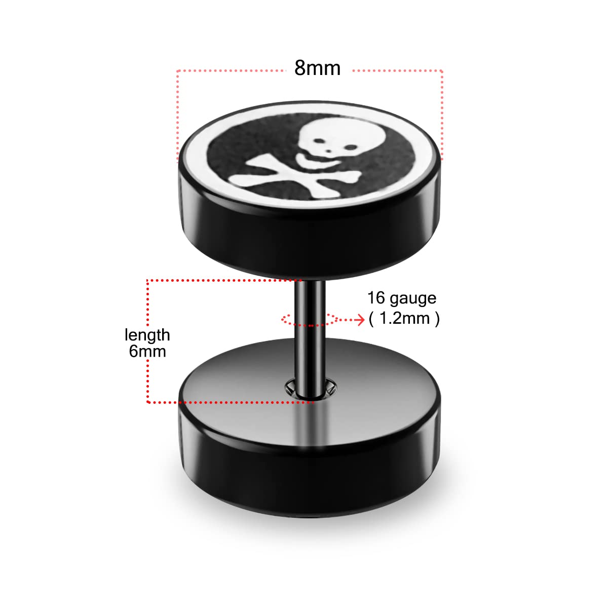 Danger Skull Embossed Laser Cut Black 316L Surgical Steel Fake Plug Earrings - Gothic Punk Body Jewelry for Men & Women - Perfect for Halloween, Concerts and Alternative Fashion