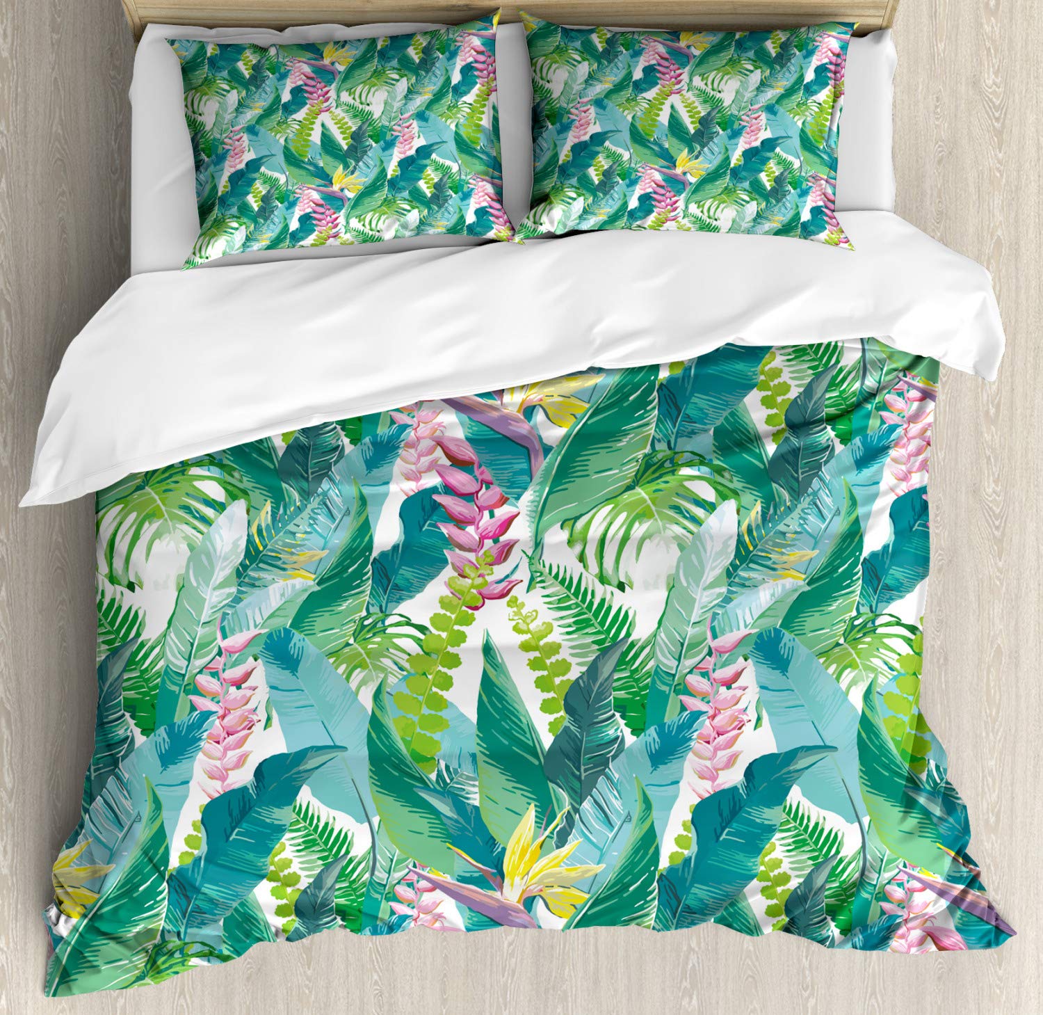 Ambesonne Tropical Leaf Duvet Cover Set - Queen Size 2-Piece with 4 Pillowcases, Exotic Plumeria & Lilac Floral Design in Sea Green - Perfect for Summer & Spring Bedroom Decor, Beach House Styling, and Island-Themed Home Interiors