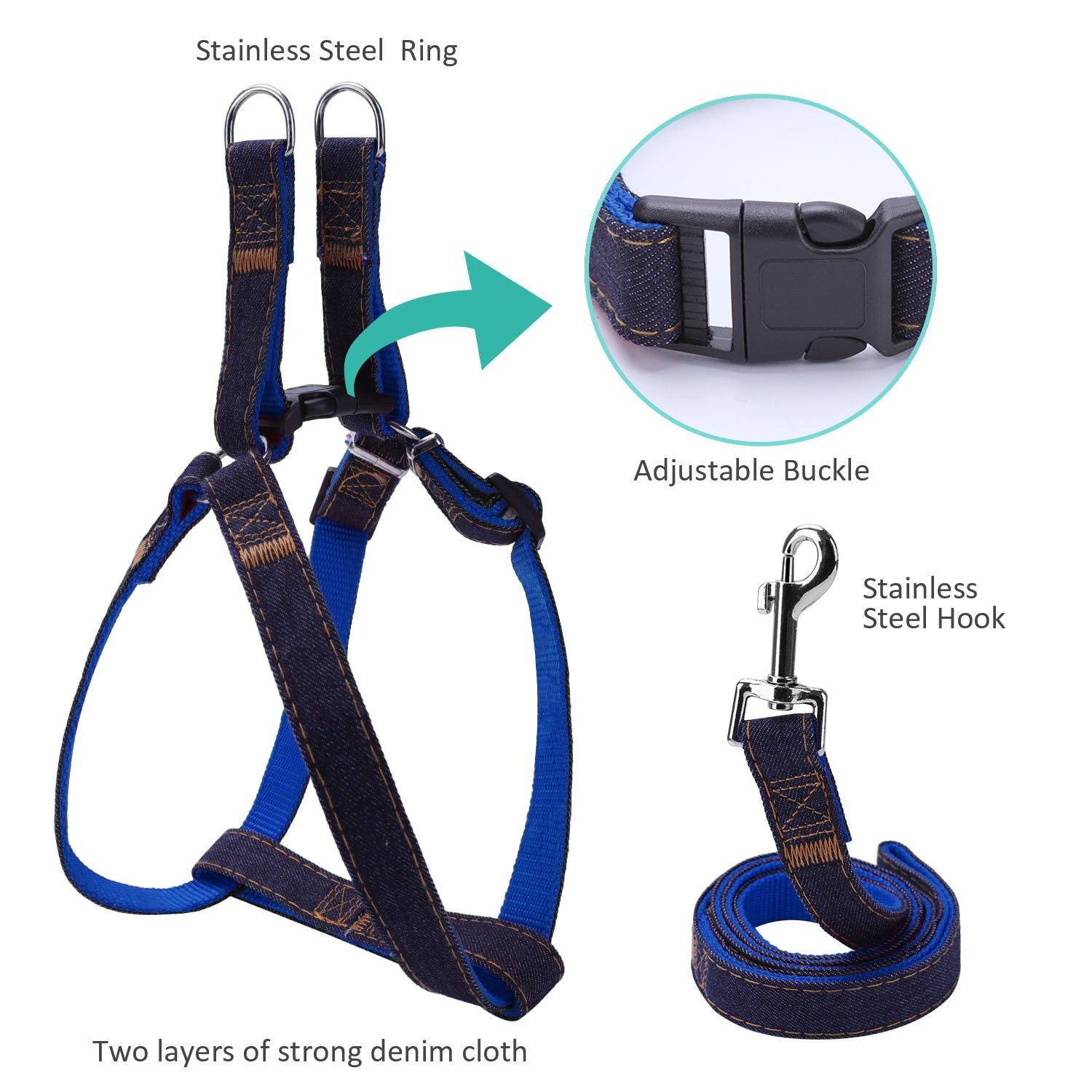 Premium Dog Harness, Leash & Collar Set - Heavy Duty Nylon with Denim Design for Small, Medium & Large Dogs | Adjustable Pet Walking & Training Accessories (Size L, Blue) | Perfect for Outdoor Adventures, Daily Walks & Obedience Training