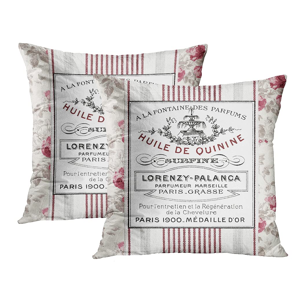 Vintage French Ticking Red Paris Roses Faded Throw Pillow Covers Set of 2 - 16x16 Inch Square Decorative Pillowcases for Sofa, Couch, Bed - Pink Stripes Home Decor Cushion Covers | Perfect for Living Room, Bedroom & Farmhouse Style Decor
