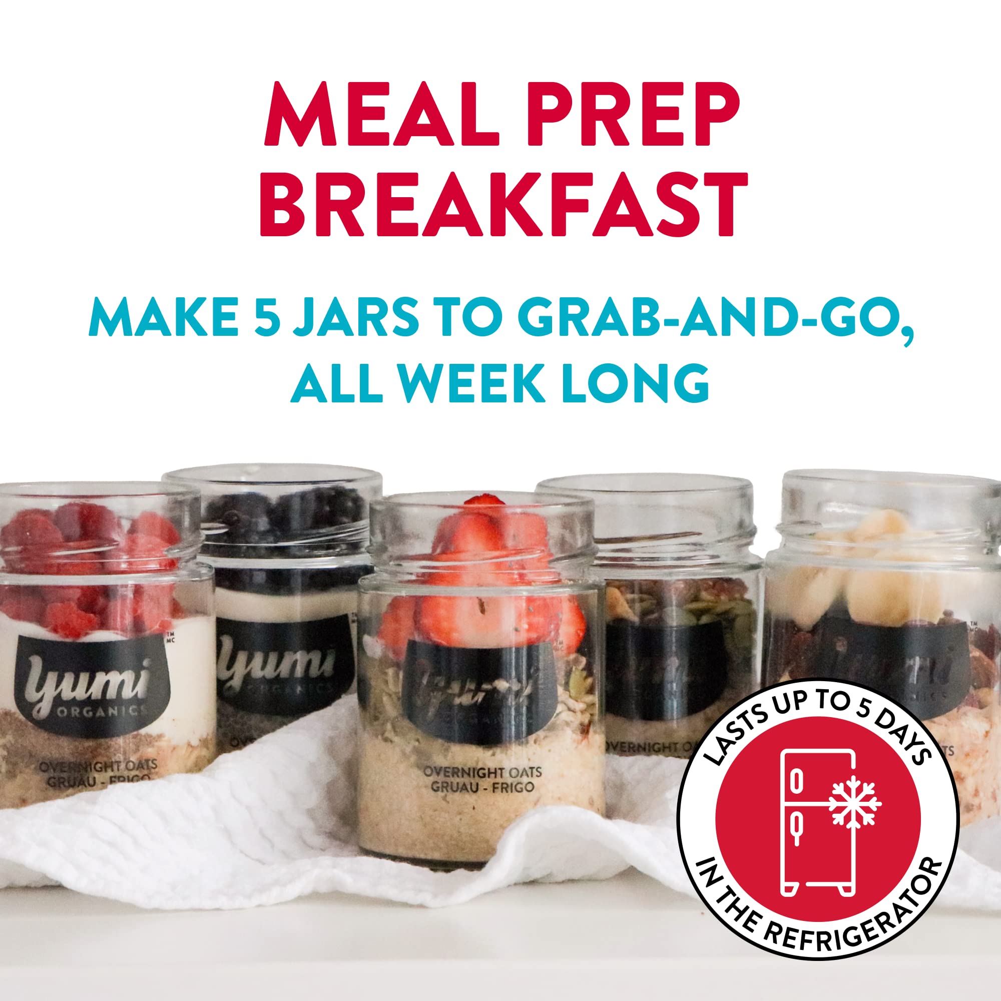 Yumi Organics - High Protein & Fiber Overnight Oats Bundle | Low Sugar Organic Oatmeal (11 Pack + 2 Free Glass Jars) | Perfect for Breakfast, Meal Prep & On-the-Go Snacks