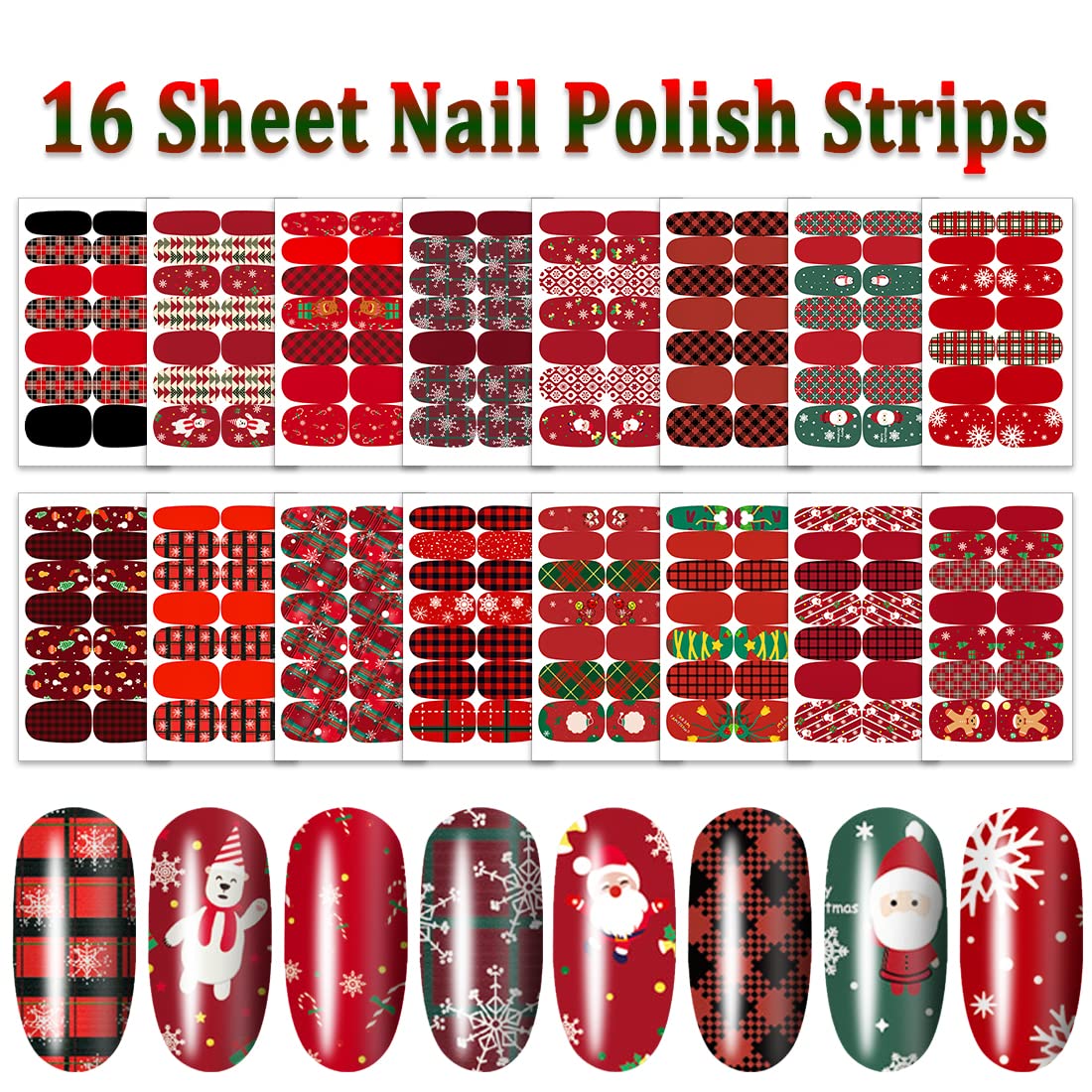 DANNEASY 224-Piece Christmas Nail Stickers Kit - 16 Sheets Holiday Nail Polish Strips with Nail File & Cuticle Stick | Festive Nail Art Wraps for Women (Red Series) - Perfect for Holiday Parties, Gifts & DIY Manicures