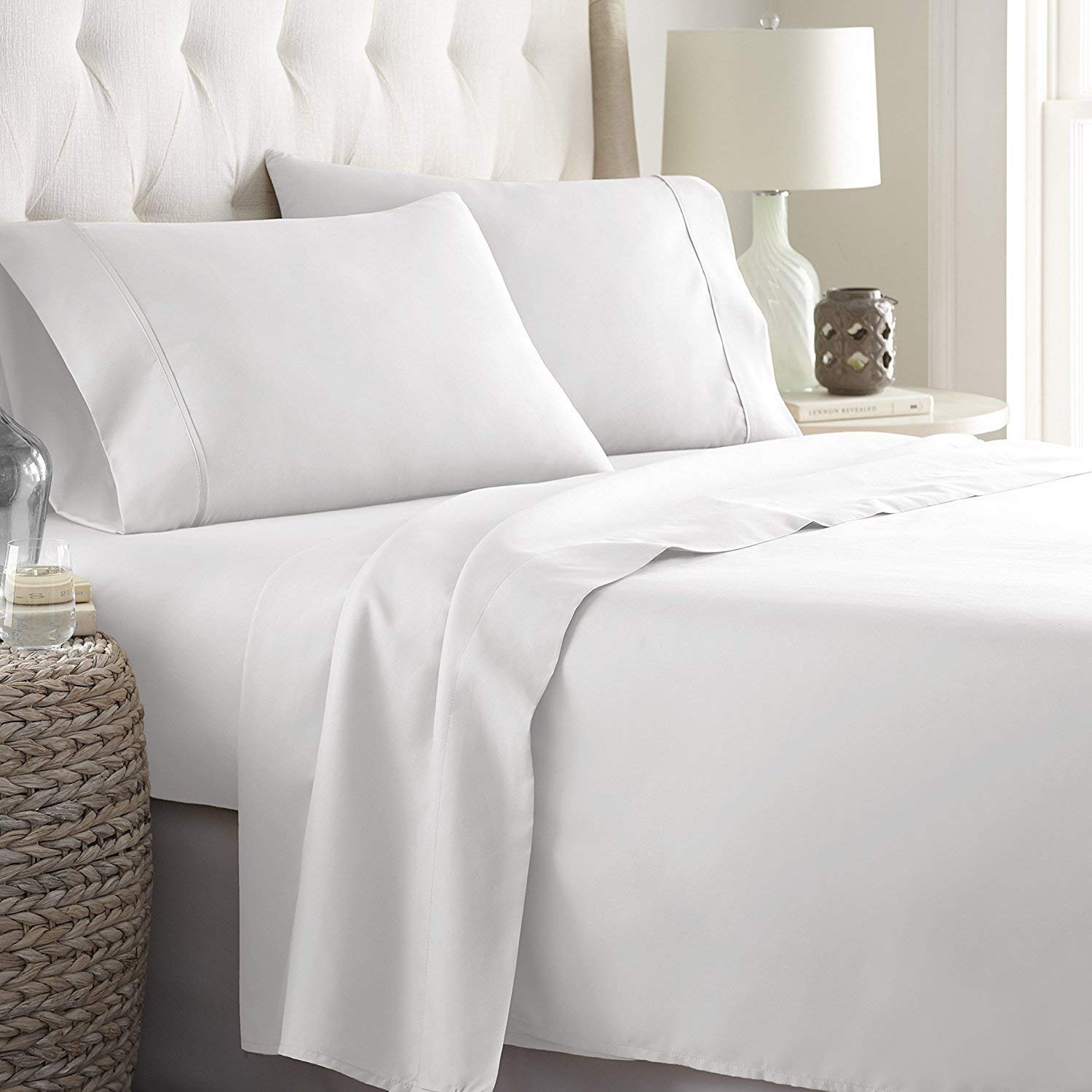 Premium 600 TC Long Staple Cotton Sheet Set - 4pc Breathable Cooling Bedding for Deep Pocket Mattress - White Solid for Comfortable Sleep