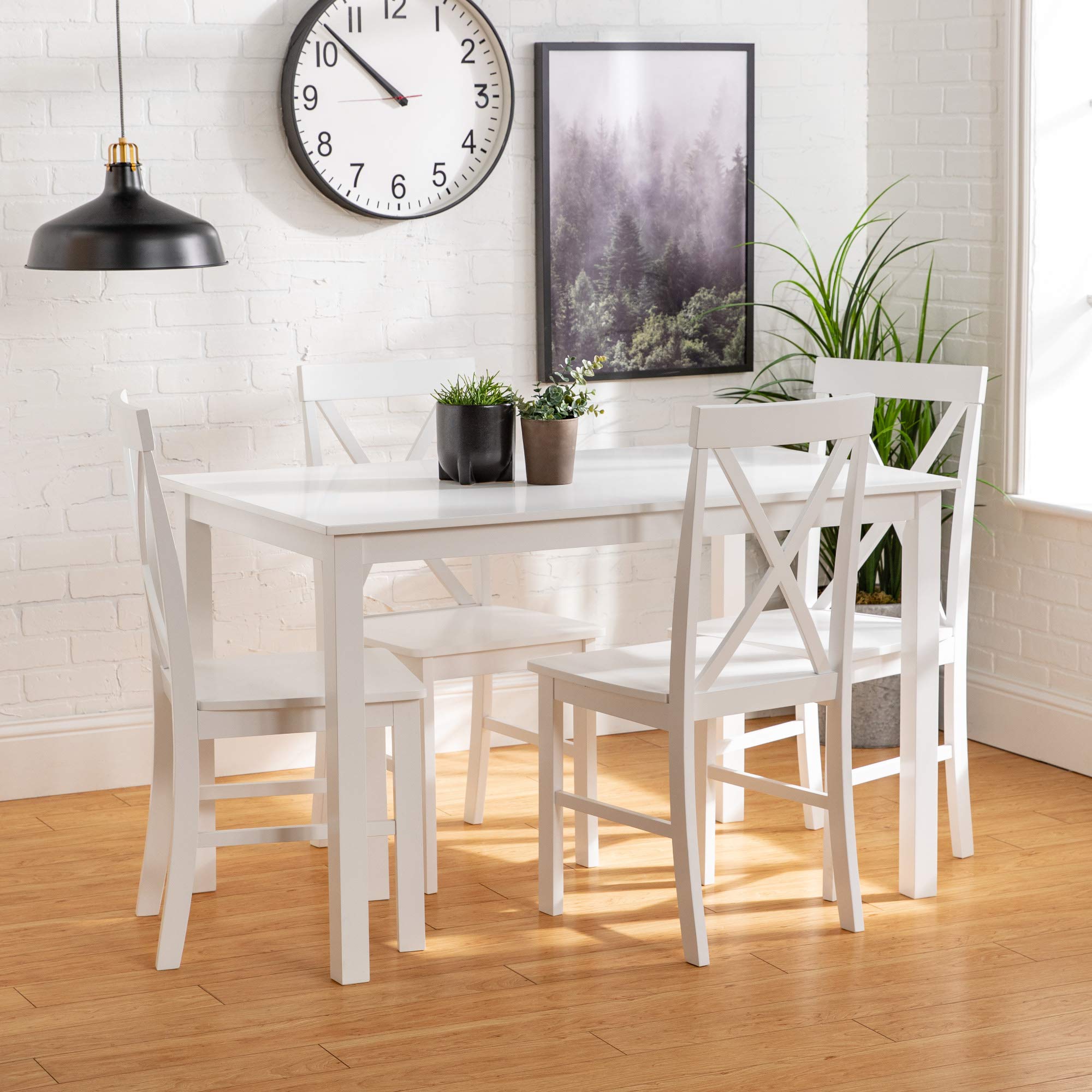 Walker Edison 4-Person Modern Farmhouse Wood Dining Table Set with 4 Chairs, 48 Inch, White - Perfect for Small Kitchens, Breakfast Nooks & Cozy Dining Rooms
