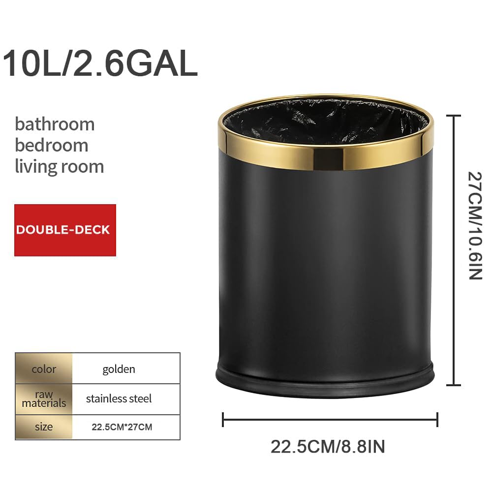 LEASYLIFE 10L/2.6GAL Open Top Metal Trash Can - Black with Gold Circle Design, Office Waste Bin Without Lid for Hotel, Store, Restaurant & Home Use - Durable & Stylish Garbage Can for Kitchen, Bathroom & Commercial Spaces