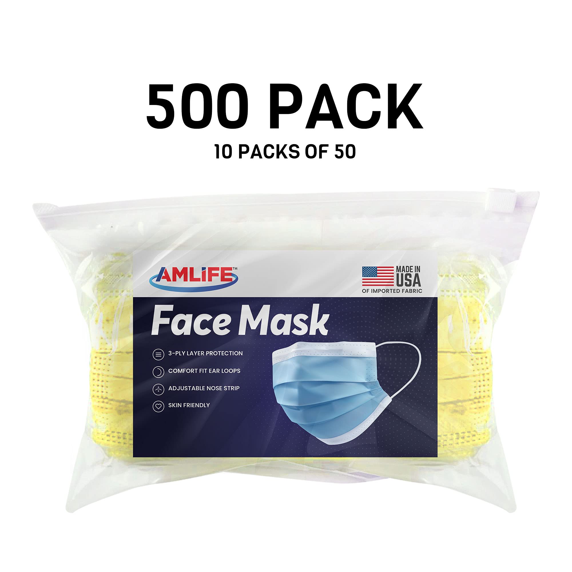 AMLIFE 3-Ply Disposable Face Masks 500-Pack - Yellow for Daily Protection & Travel