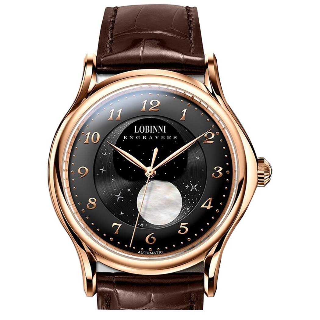 LOBINNI 1810L Moonphase Automatic Men's Watch - Luxury Self-Winding Mechanical Dress Watch with Genuine Leather Band & 50M Water Resistance - Perfect for Business, Formal Events & Everyday Wear