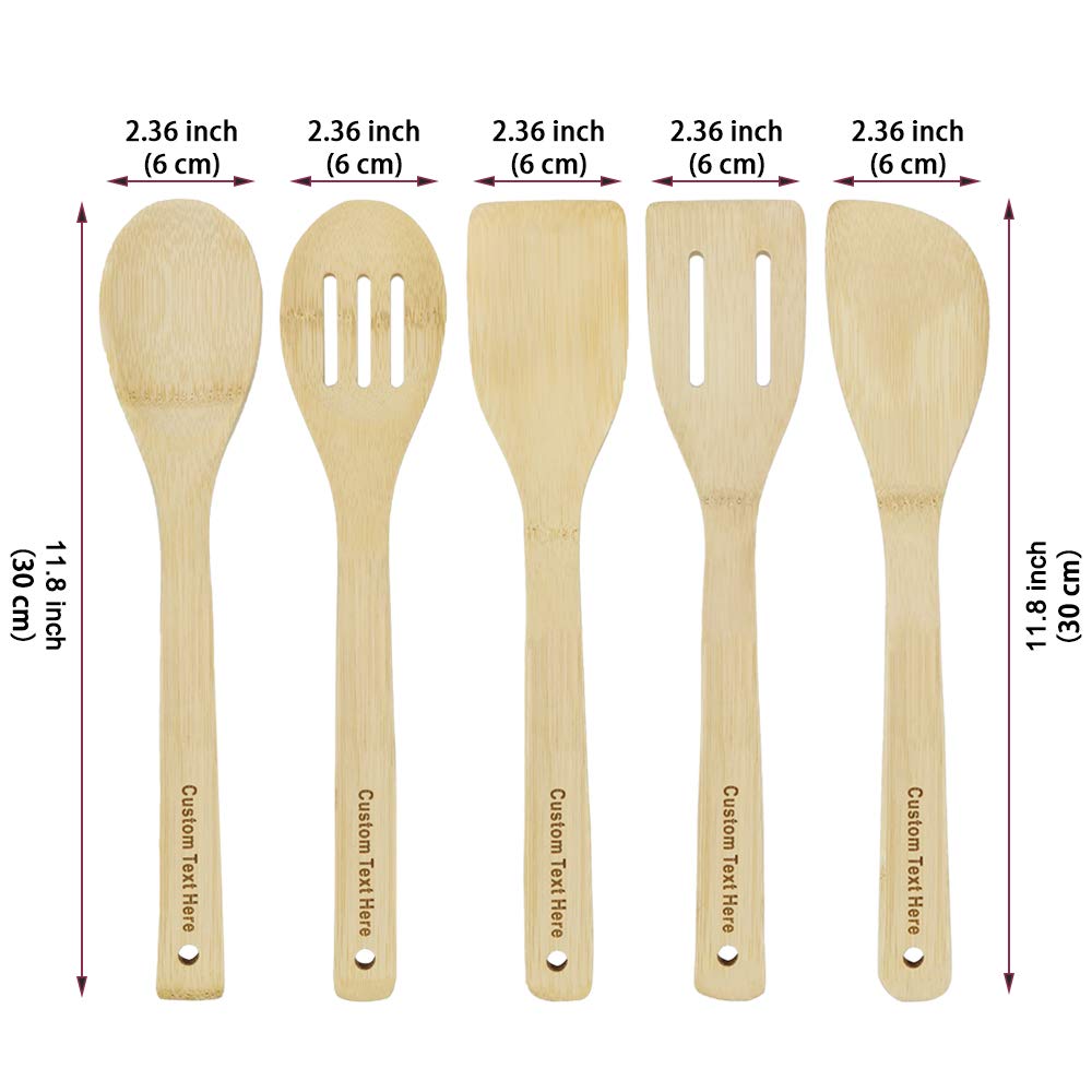 **Personalized 5-Piece Bamboo Cooking Utensil Set with Holder - Custom Engraved Wooden Kitchen Utensils, Spatula & Spoon for Nonstick Cookware & Wok - Eco-Friendly & Durable - Perfect Gift for Home Chefs & Cooking Enthusiasts - Ideal for Sauteing, Stir-Frying & Baking**