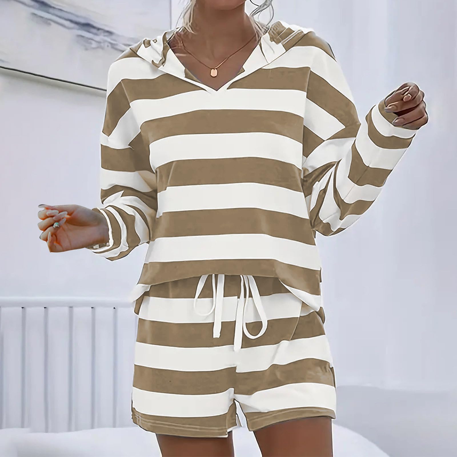 Women's 2-Piece Lounge Set - Long Sleeve Striped Hoodie & Shorts Casual Sweatsuit | Trendy Matching Tracksuit for Home, Gym & Travel 2024