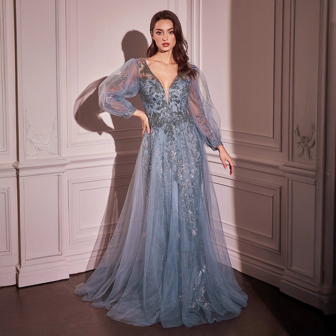 Ladivine by Cinderella Divine Smoky Blue Beaded Long Sleeve A-Line Prom Dress for Homecoming, Quinceañera & Formal Events - Elegant Evening Gown for Women & Teens