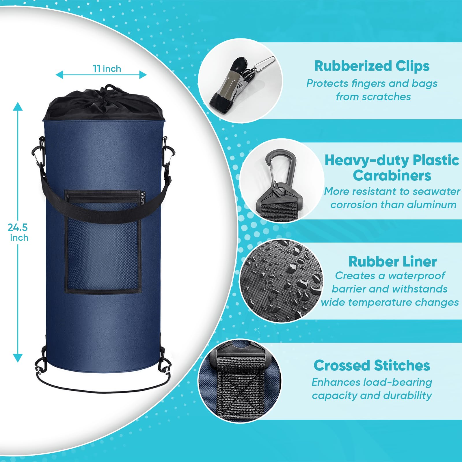 **Wizcave Leakproof Boat Trash Bag – Portable & Reusable 10-13 Gallon Garbage Can with Clips – Ideal for Pontoon Boats, Kayaks, Camping & RV Trips – Navy Blue – Perfect for Marine Storage & Outdoor Adventures**