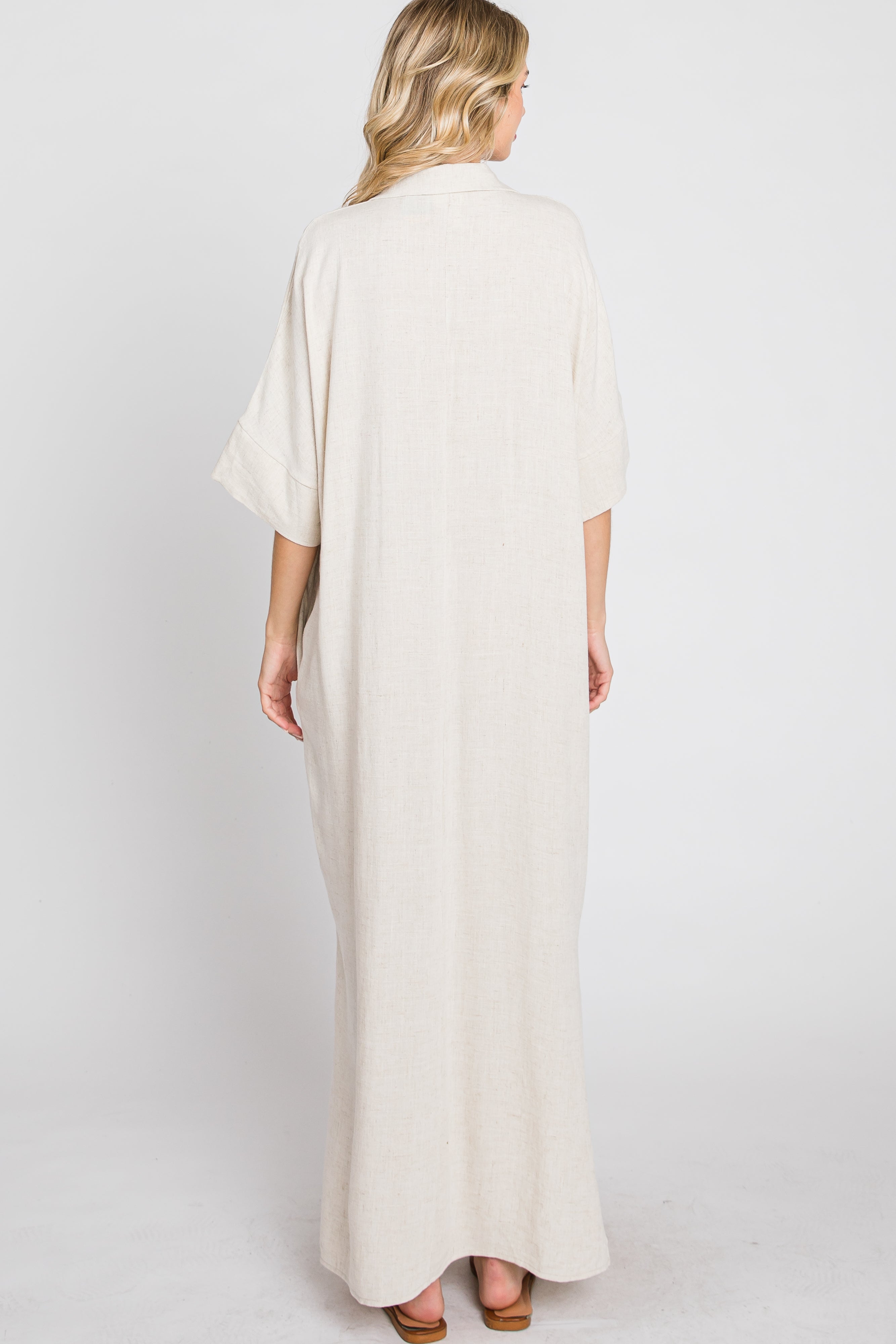 Beige Collared Linen Maxi Dress for Women - Summer Casual Long Dress with V-Neck & Pockets - Perfect for Beach, Vacation & Boho Style Outfits