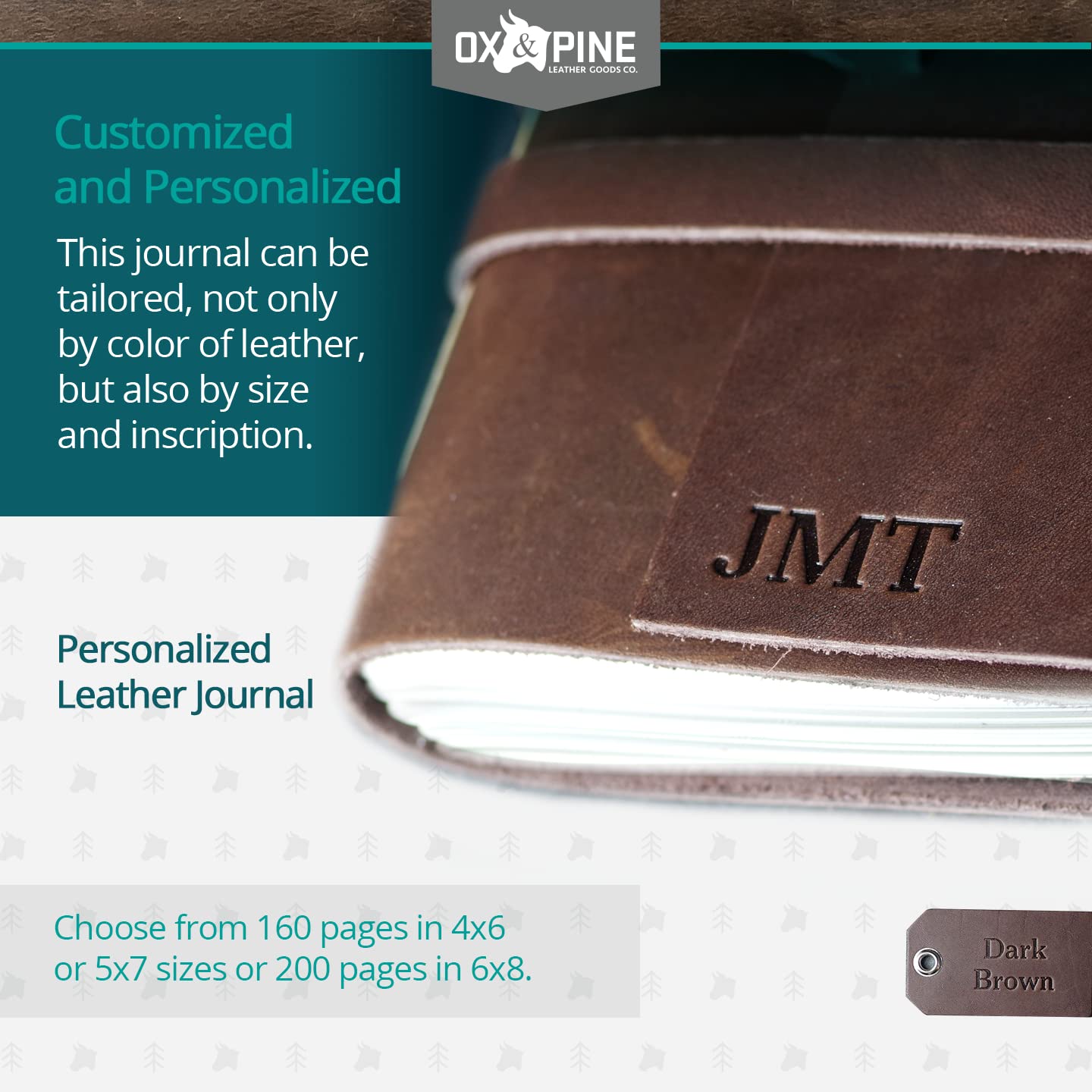 Ox & Pine Personalized Leather Journal - Handcrafted Full Grain Leather Notebook or Sketchbook - 6x8 Inches, Lined Paper, Dark Brown - Perfect for Writing, Drawing & Gift Giving
