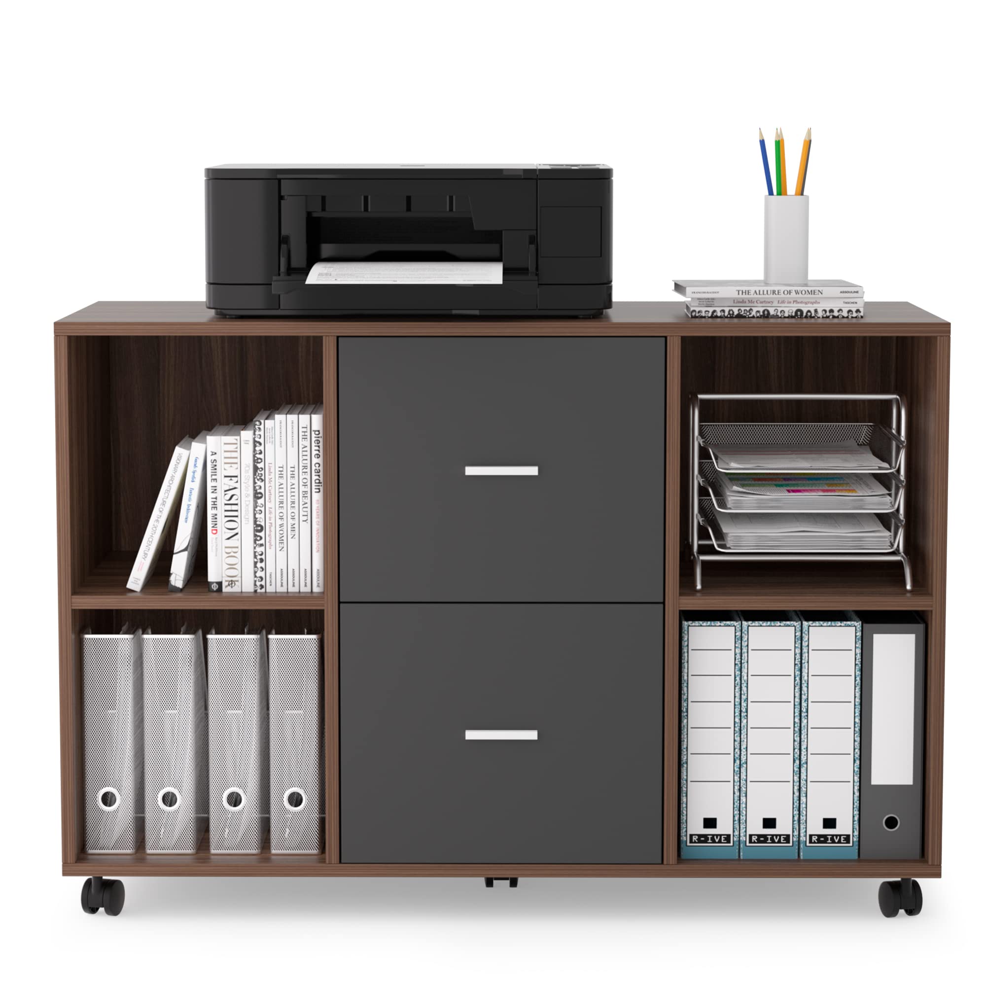 Melpomene Mobile 2-Drawer 4-Open Storage Lateral Wood File Cabinet with Walnut Shelves & Dark Gray Drawers - Office Organizer, Printer Stand, Home Office Storage Solution for Documents and Supplies