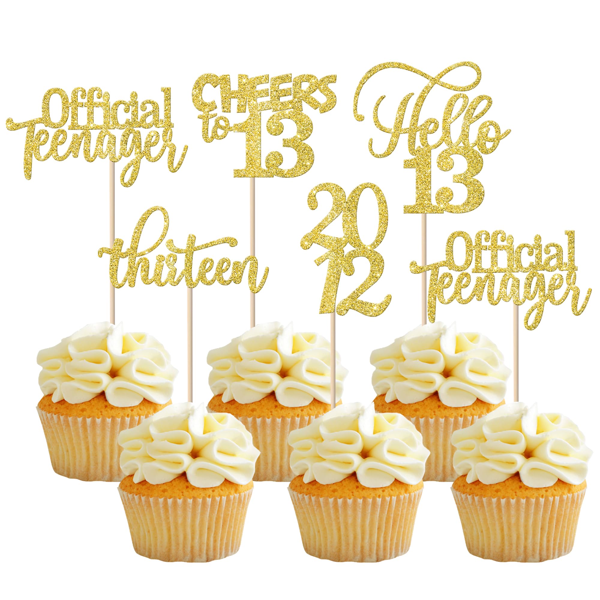 30 Pack Gold Glitter 13th Birthday Cupcake Toppers - Since 2012 Hello 13 Thirteen Teenager Cake Decorations for 13 Years Old Party | Perfect for Birthday Celebrations, Teen Parties & Cake Decorating