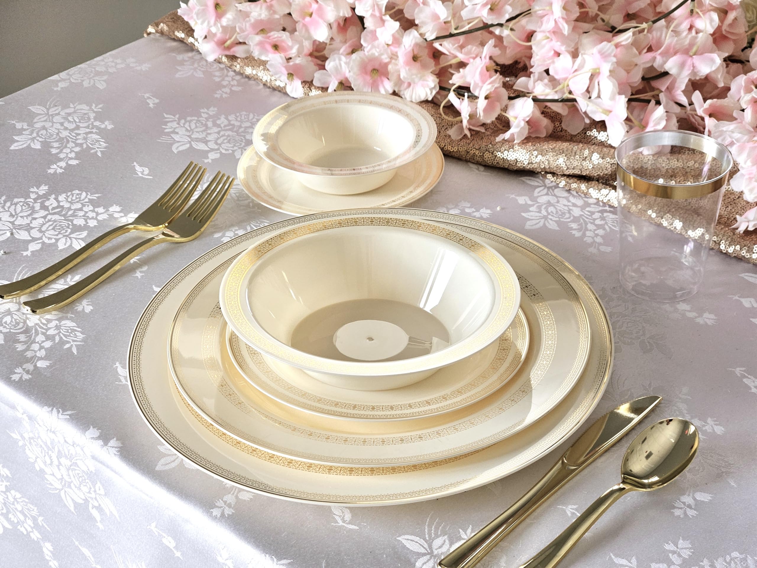 240-Pack Heavyweight Disposable Plastic Plates for Weddings & Parties - 6.25'' Elegant Ivory & Gold Lace Dessert/Bread Plates - Perfect for Birthday Celebrations, Bridal Showers, Baby Showers & Formal Events