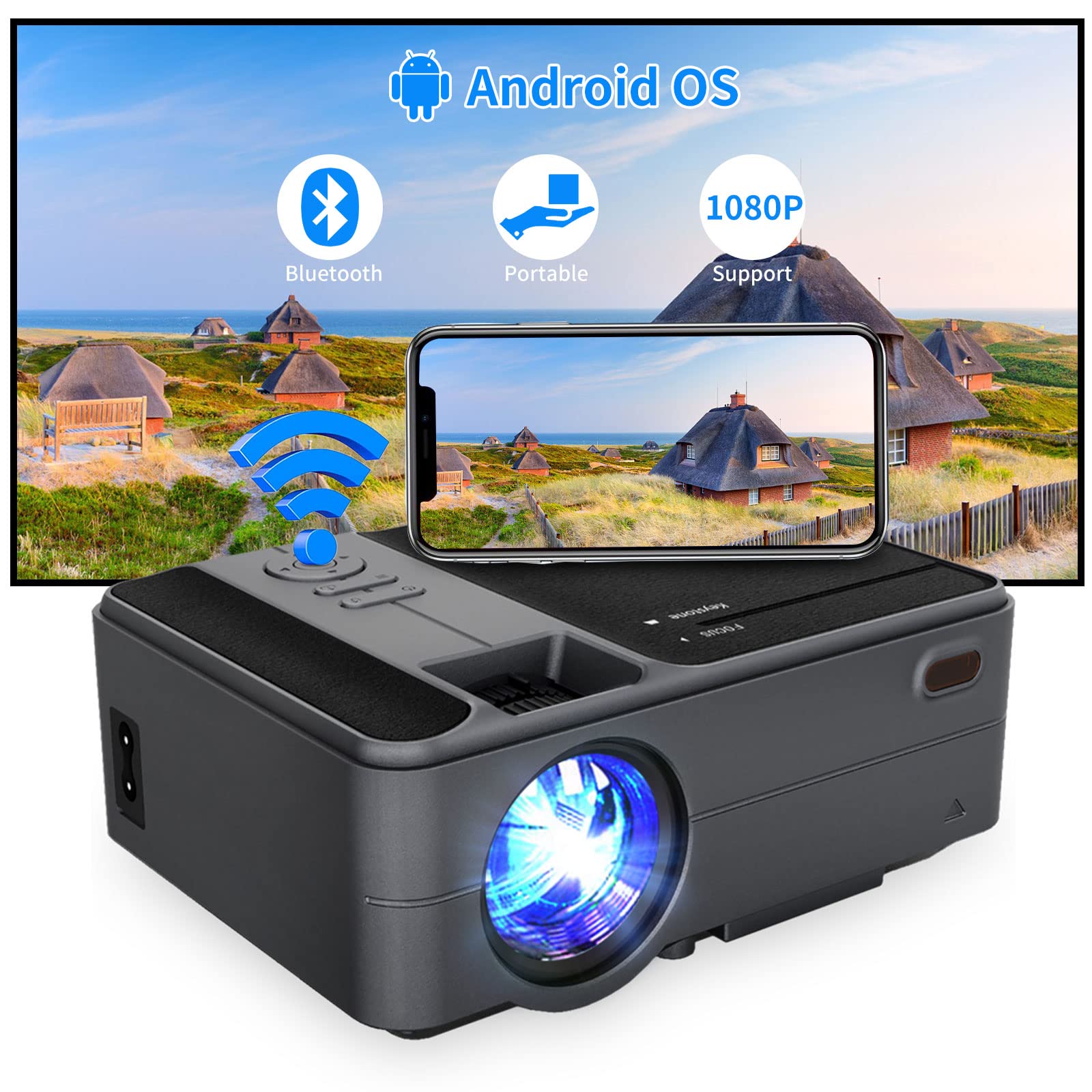 Smart WiFi Mini Projector with Bluetooth - Portable Outdoor Movie & Gaming Projector for Home Theater