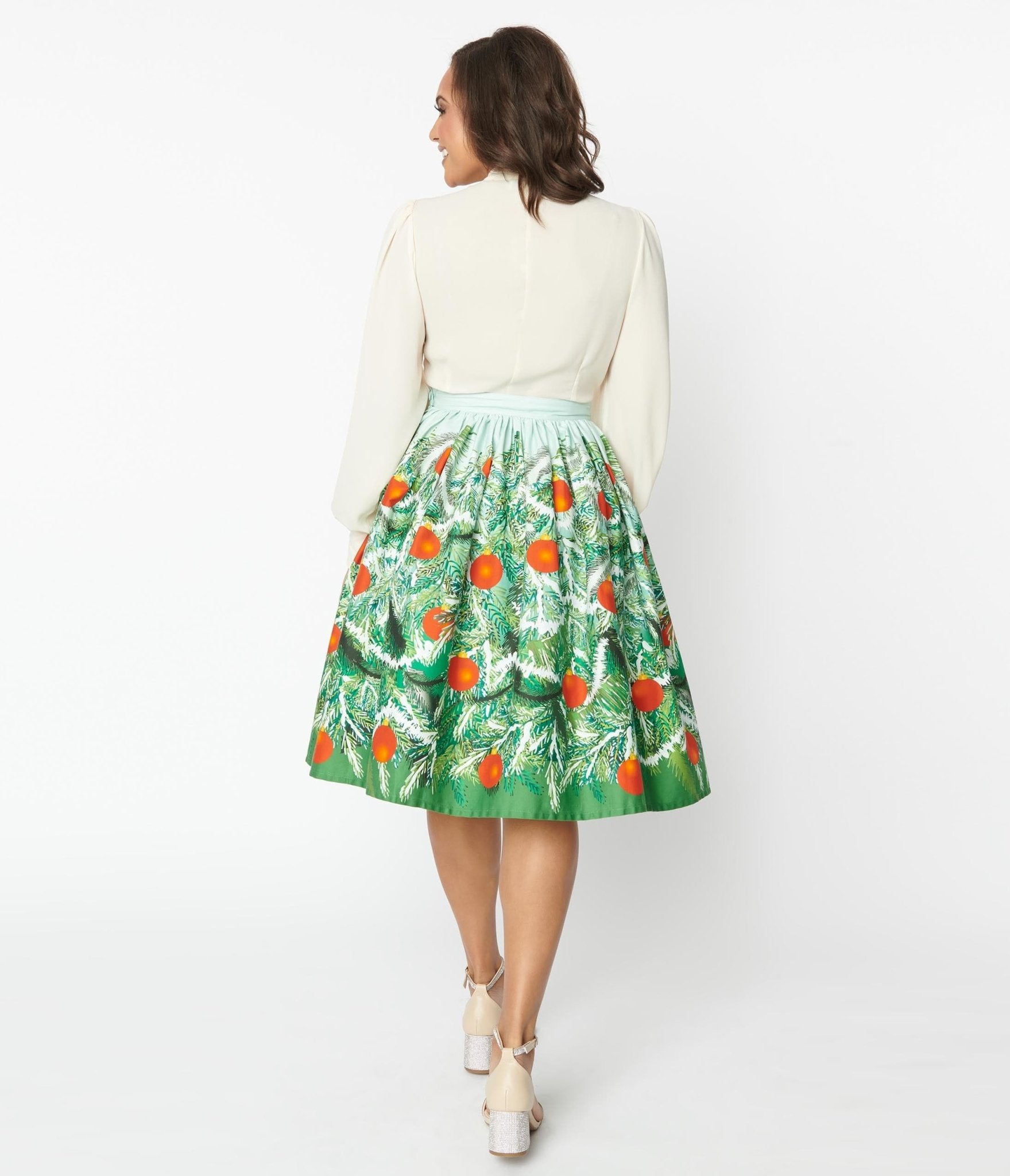 Vintage Green Evergreen & Red Ornaments Swing Skirt - Retro Flared A-Line Skirt for Christmas, Holiday Parties, and Vintage Fashion Lovers